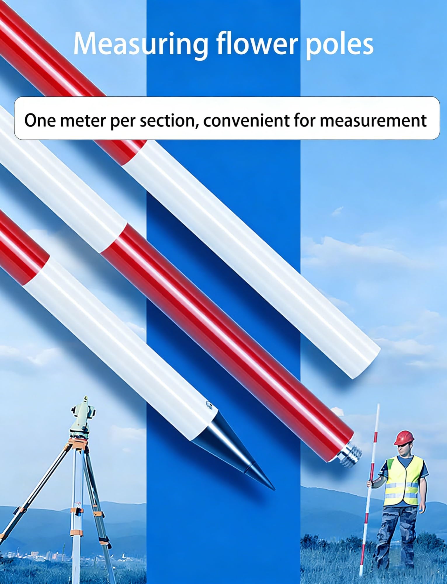 Poste topográfico de aluminio rojo resistente de 2/3/5 metros, varilla de grado for topografía, construcción de carreteras y medidor de profundidad(5 meters/16.4ft)