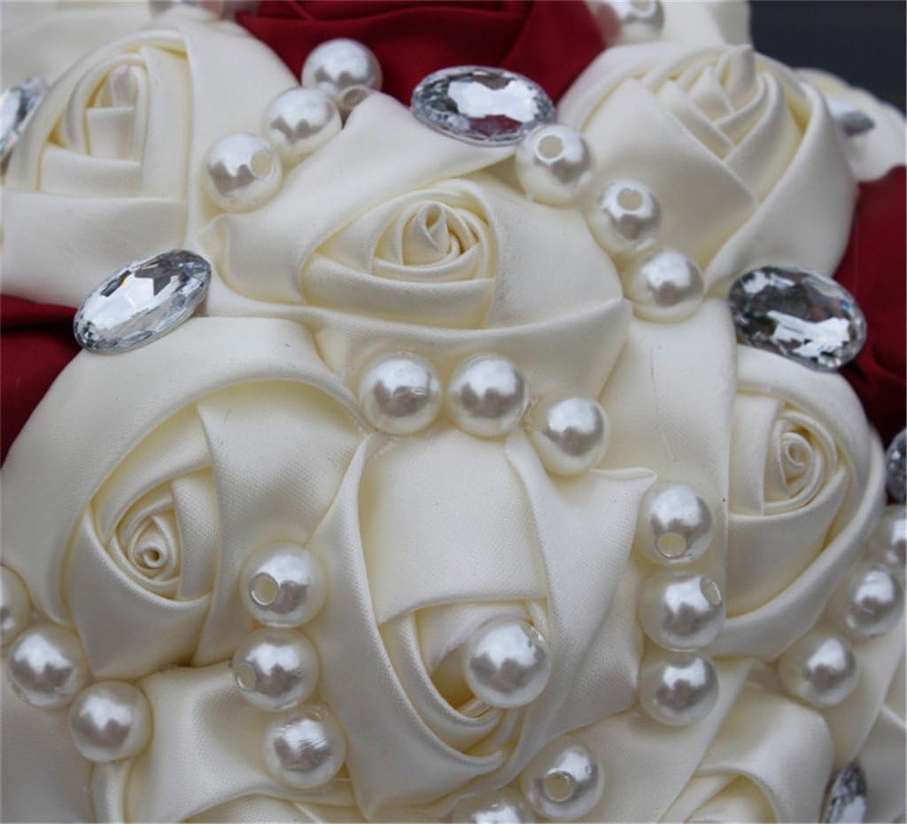 S_SSOY Customizable Ivory Wine Red Bridal Wedding Bouquets Pearls Crystal Silk Flowers Bridal Bouquets with Corsage Flower(D:24cm)