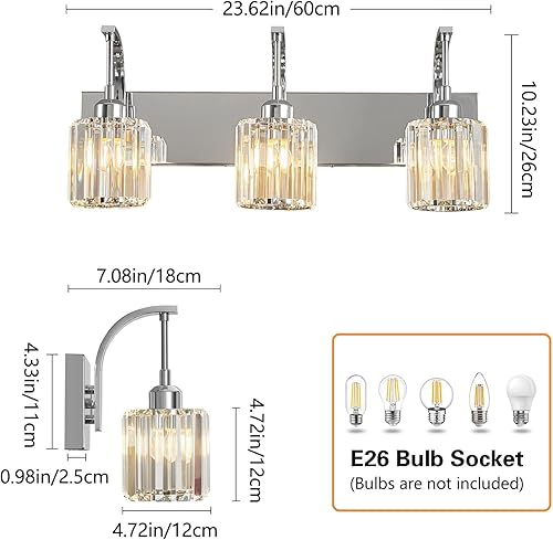 Miniatura 4 de Lámpara de tocador de cristal de 3 luces, moderno aplique de pared de baño cromado con pantallas de cristal K9, iluminación de espejo de 23.62