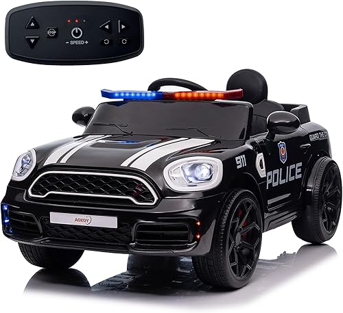 AOKOY 12V Police Car, Battery Powered Ride On Drift Car with Remote Control Kids Electric Sports Car with 3 Speeds Police Truck with Alarm Lights,