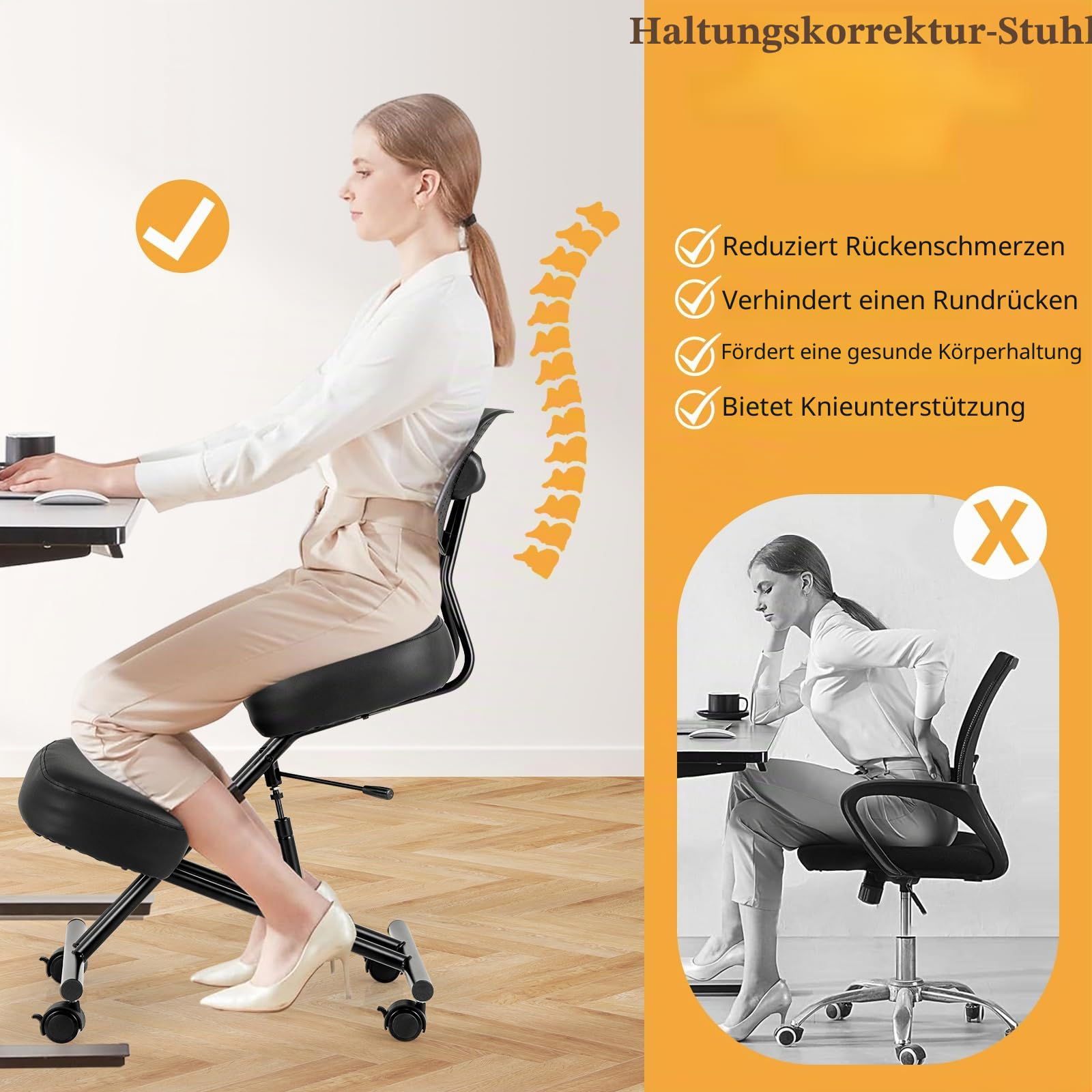 GIANTEX Kniestuhl Ergonomisch, Kniehocker mit Rückenlehne, 4 Rädern und Kniestütze, höhenverstellbar Rollhocker zur Korrektur der Sitzhaltung, bis 110 kg Belastbar