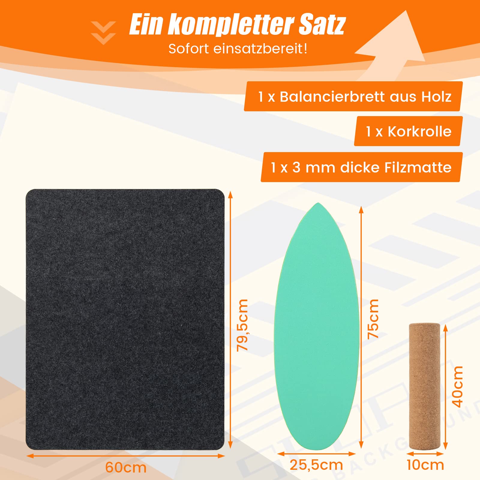GYMAX Balance Board aus Holz, 15 mm BalanceBoard mit 10mm Korkrolle & rutschfeste Matte aus Filz, Indoor Surfboard, Wackelbrett, Gleichgewichtsboard für Kinder & Erwachsene