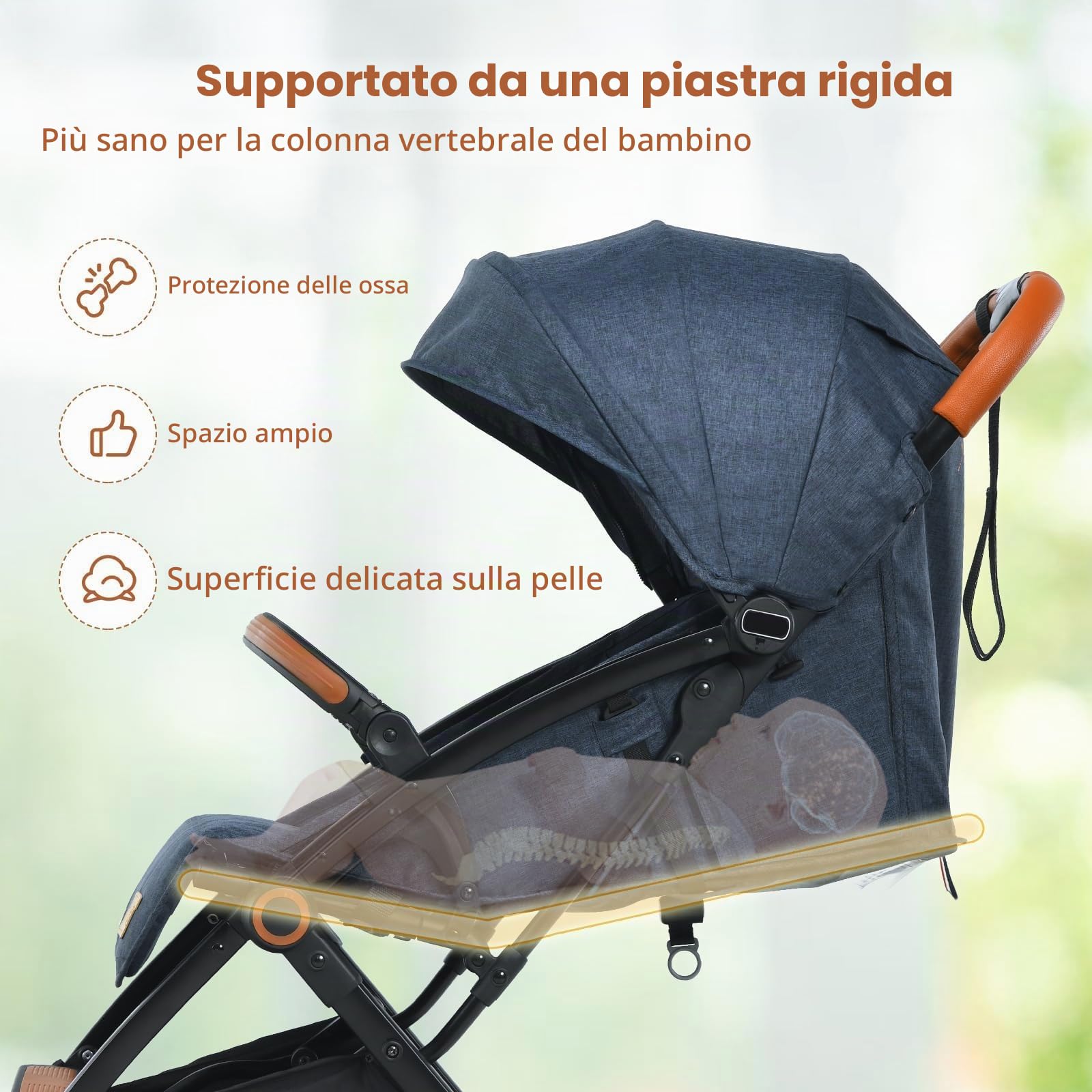 FANTASK Passeggino per bambini pieghevole, cintura di sicurezza a 5 punti con funzione sdraiata, passeggino da viaggio con tettuccio e schienale regolabile, passeggino per bambini fino a 3 anni