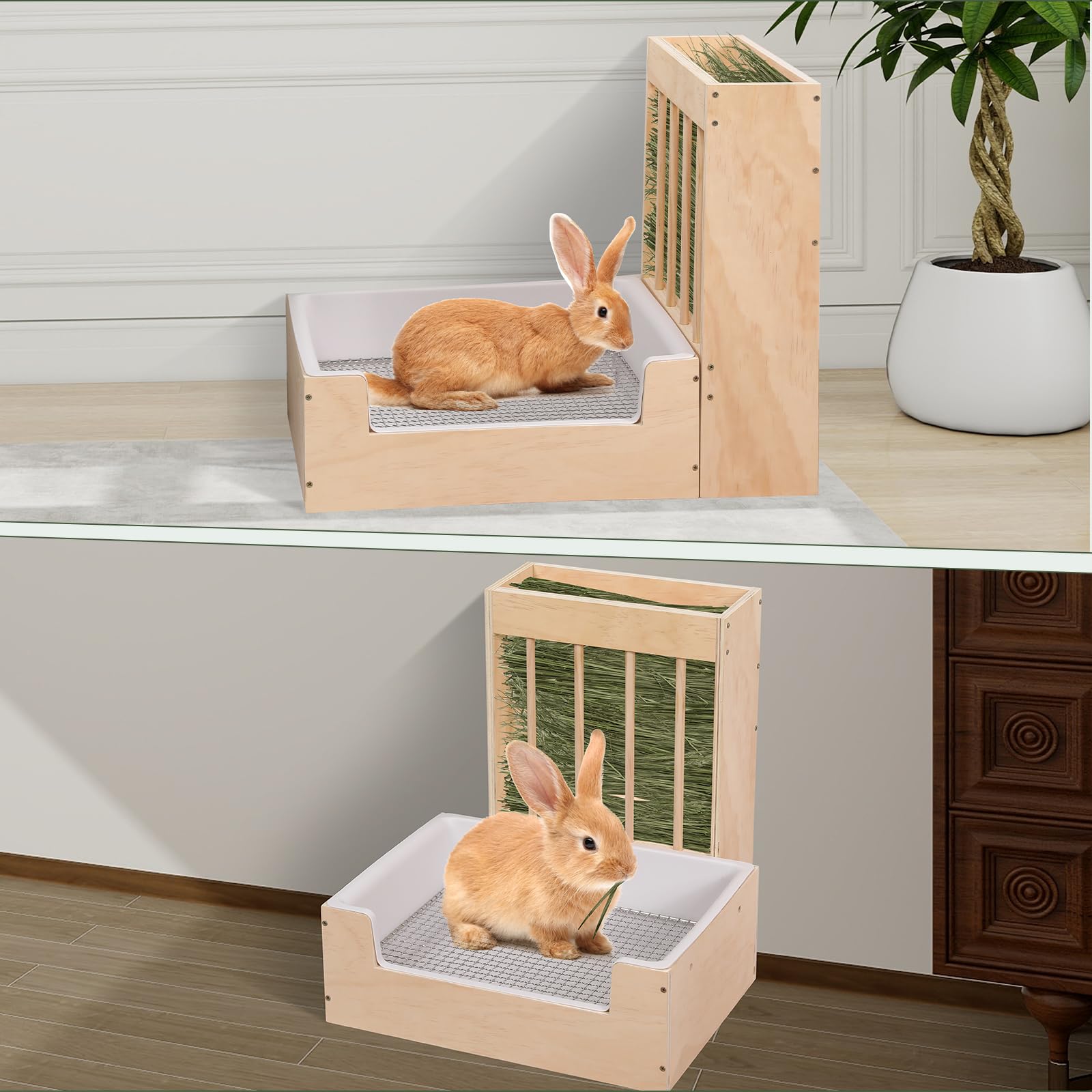 Großer 2-in-1 Heu- und Streu-Set für Kaninchen - Holzdesign, schmutzgeschützt für Meerschweinchen, Chinchillas, Hamster und Kaninchen
