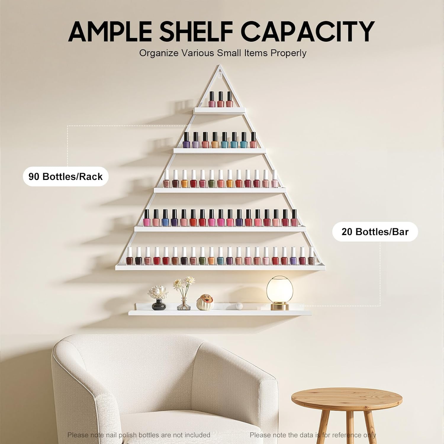 Elegant Gold Wall Mounted Nail Polish Rack - Set of 6 Triangular Cosmetic Display Shelves for Essential Oil Bottles, Organize Your Lipsticks and Perfumes in Style at Home or Salon (White)