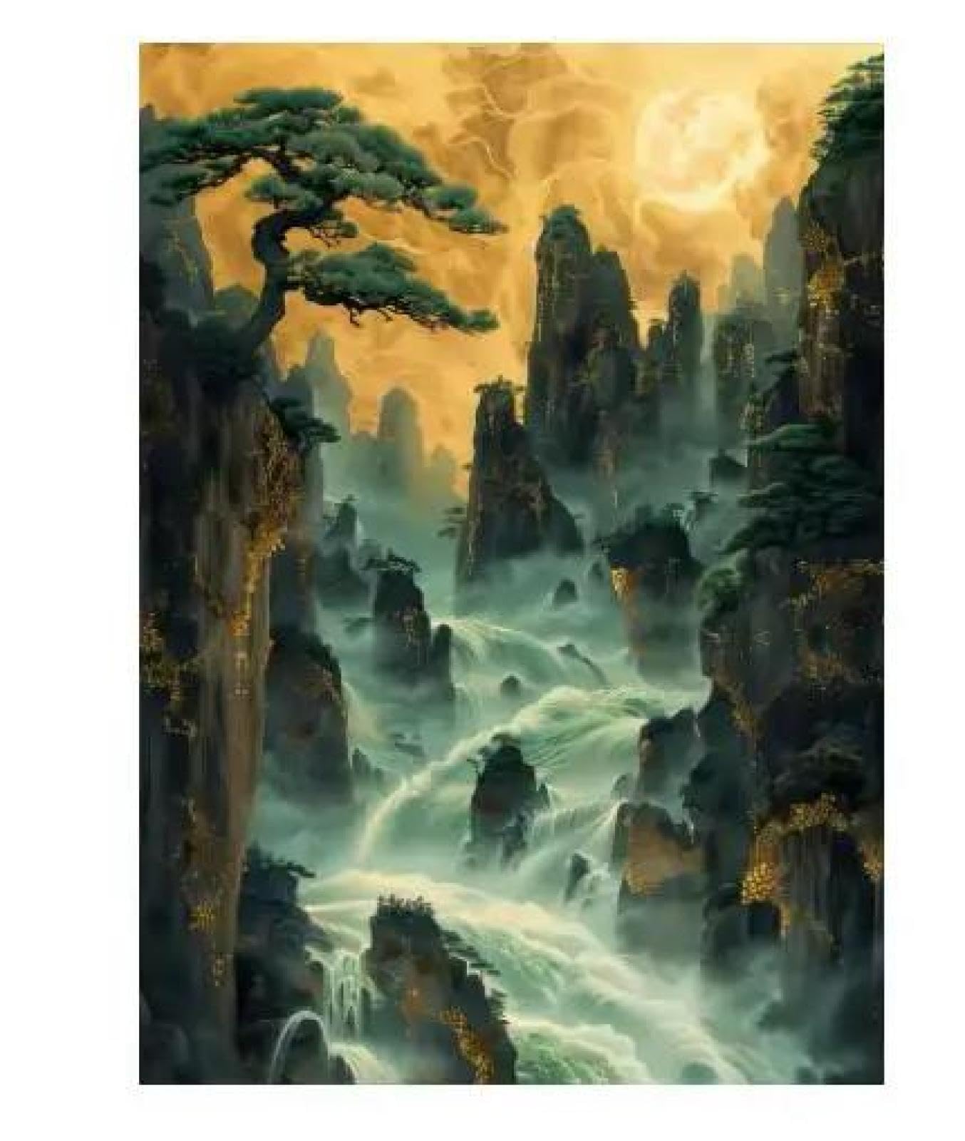Baibexing Golden Moon Pine Tree Waterfall Nature Mountain Forest Poster Print Canvas Painting Wall Art Picture Living Room Home Decor A3 21X30Cm Unframed