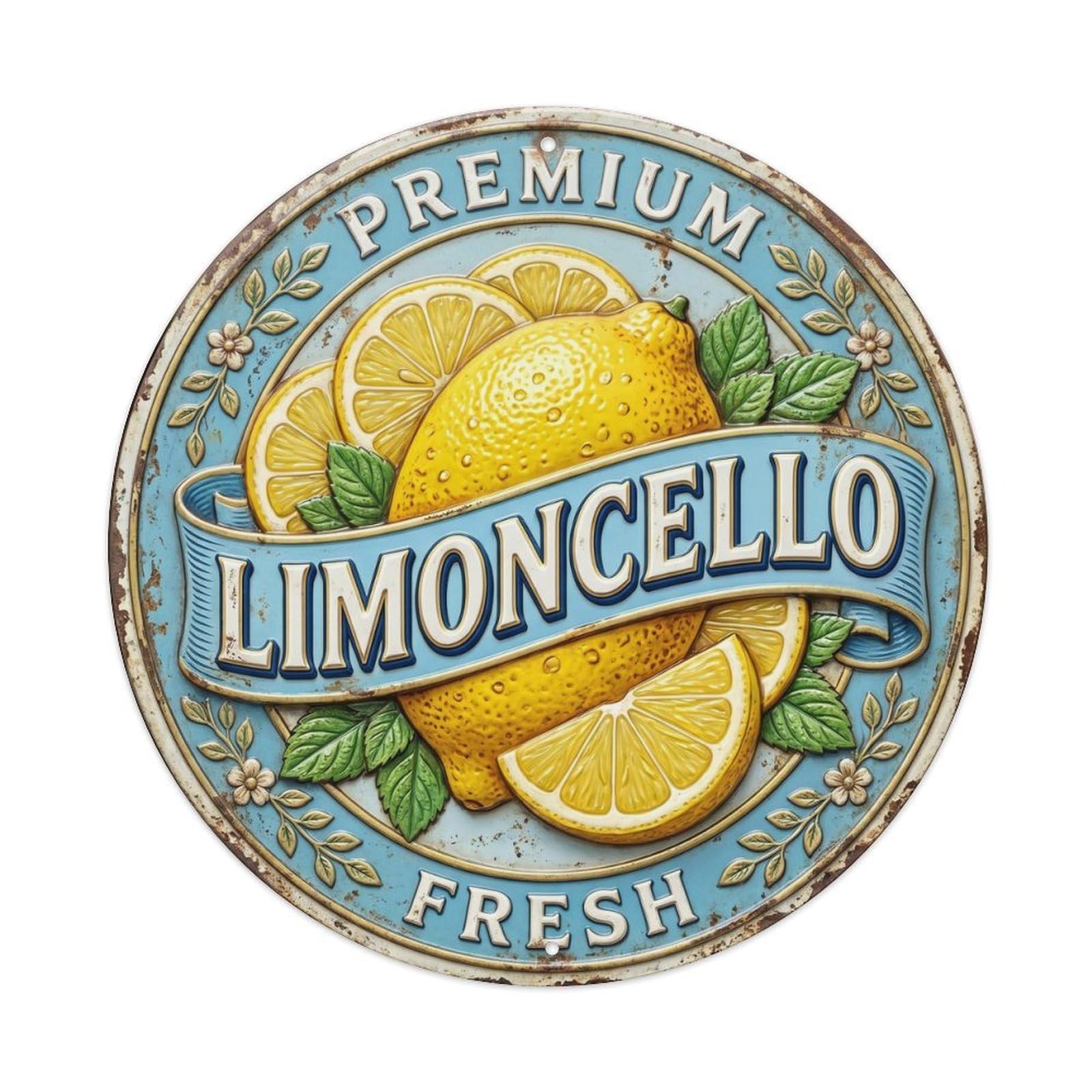 Classic Mediterranean Badge Limoncello Vintage Metal Tin Sign Plaque Wall Decor for Cafe, Club, Garden Round Metal Poster 8x8Inch