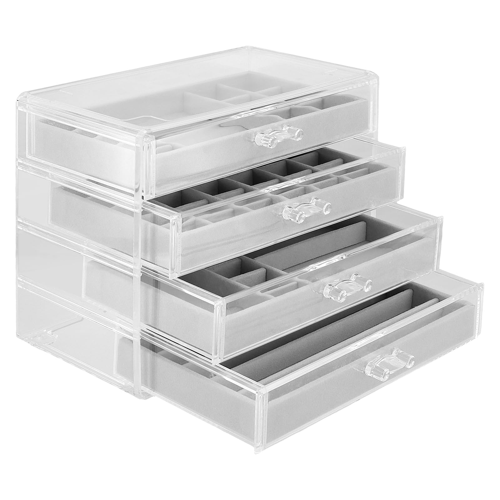 MUKLEI Clear Acrylic Jewellery Box, Adjustable Jewellery Organiser with 4 Drawers, Clear Acrylic Earring Storage Box, Jewelry Storage Drawers for Necklace, Ring, Earring