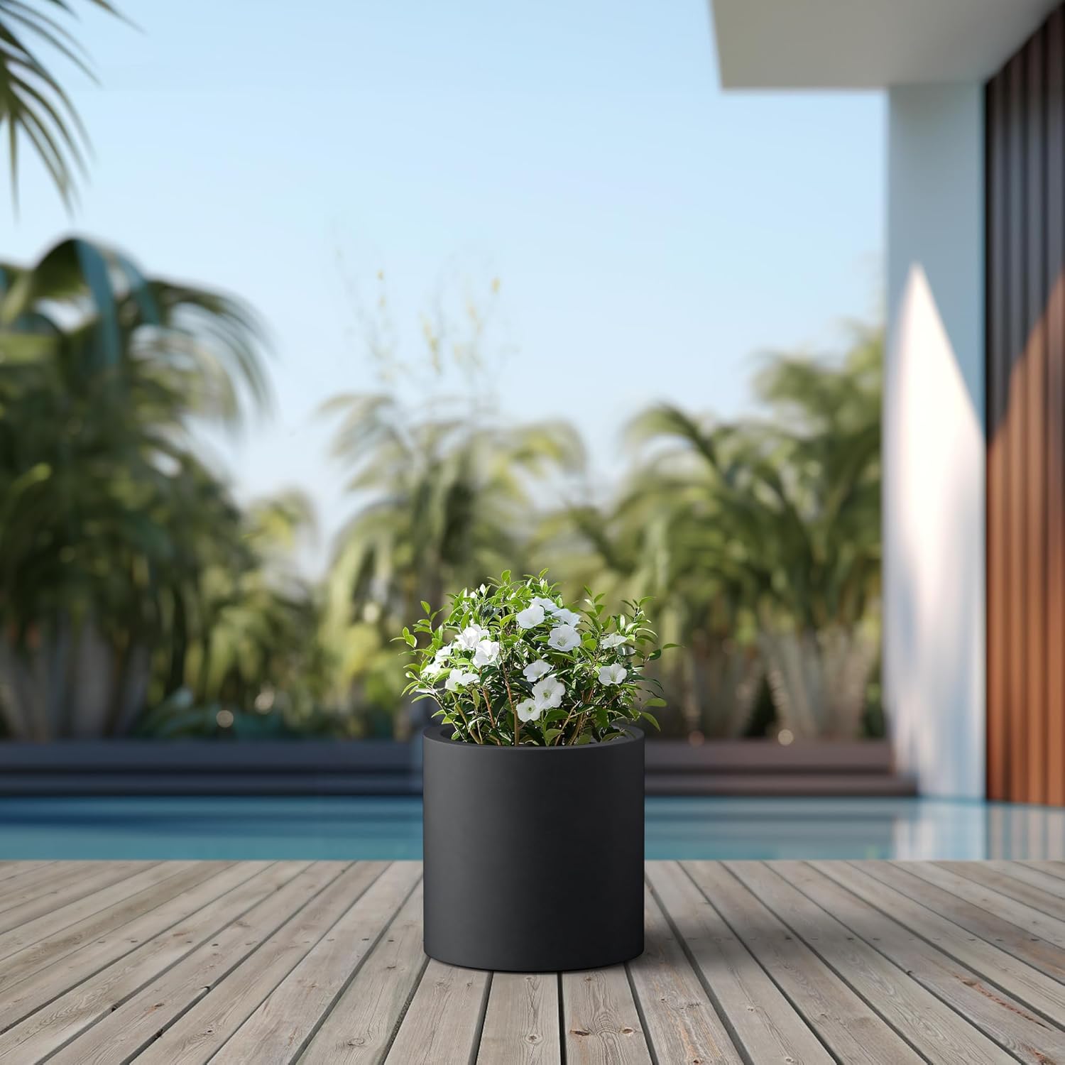 Kante 12.6" Dia Round Concrete Planter, Modern Style Large Cylindrical Plant Pot with Drainage Hole and Rubber Plug for Indoor Outdoor Patio, Black