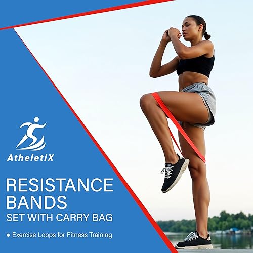 Miniatura 2 de Athletix - Juego de 10 bandas de resistencia  Niveles pesados a ligeros para fuerza, glúteos, piernas, pilates, yoga, estiramientos, bandas de