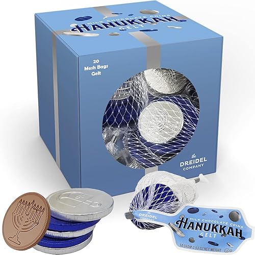 The Dreidel Company Monedas de oro originales de Hanukkah de gelt de chocolate, bolsas de malla, hechas con chocolate con leche belga de primera