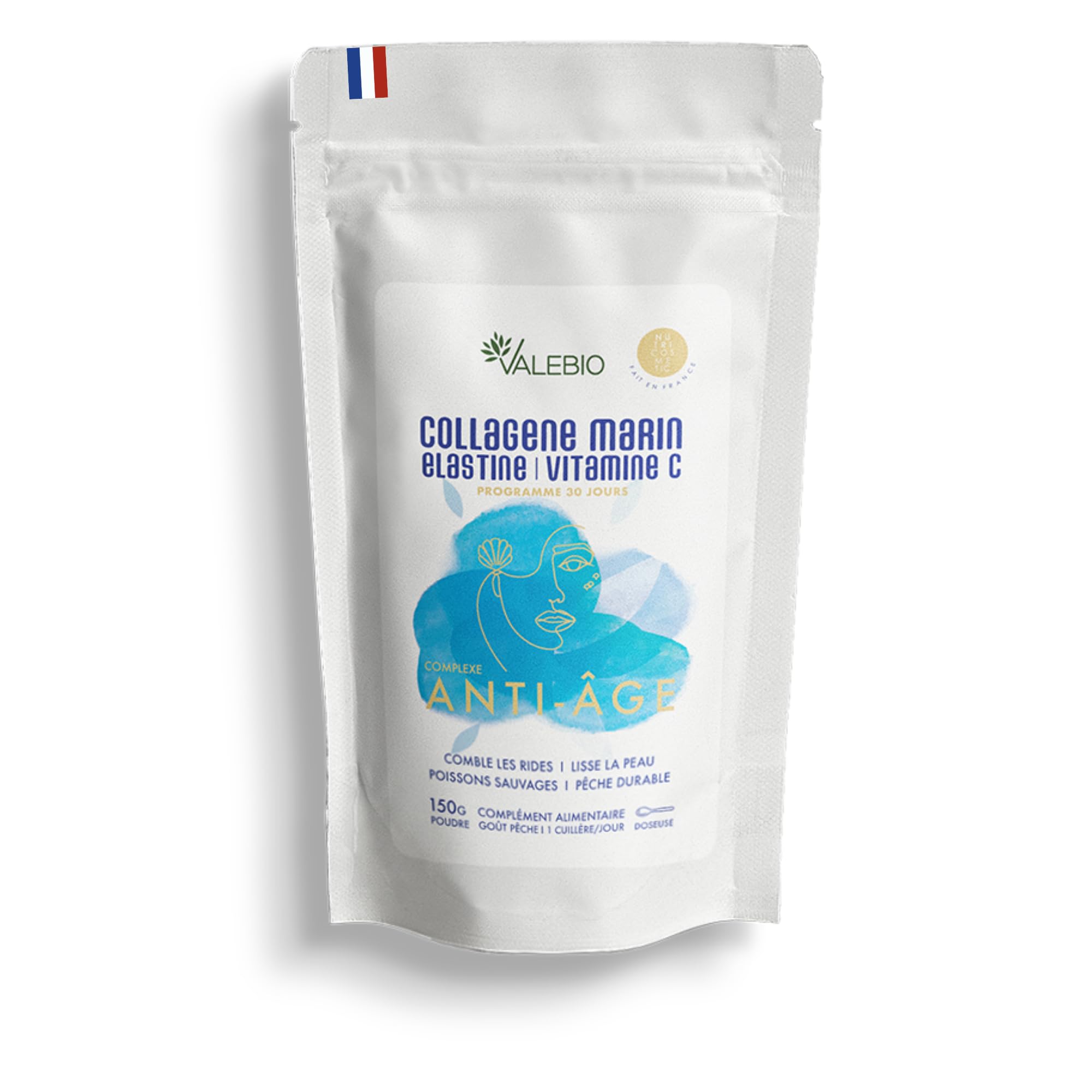 Collagène marin poudre type 1-​3, Elastine & Vitamine C | Anti-​âge & anti rides | 150g | Cure 1 mois | Fabriqué en France | Valebio