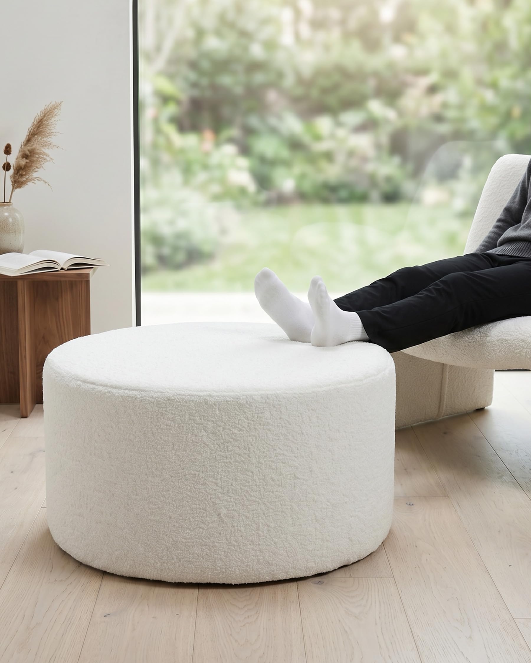 Puff - Puff redondo de 70 cm, color beige, reposapiés suave de tela Teddy, asiento cómodo para sofá, sillón y dormitorio, 70 x 70 x 40 cm