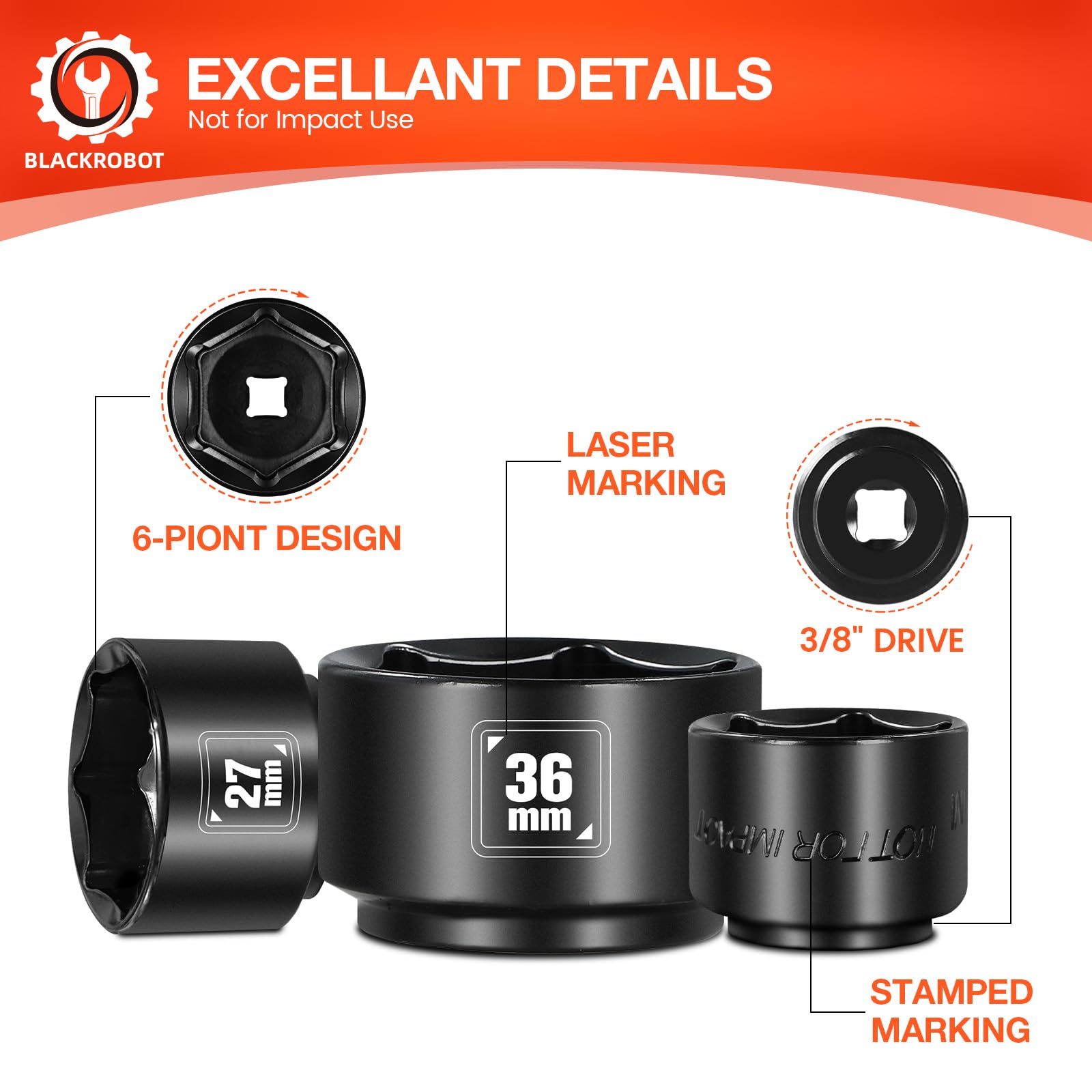 BLACKROBOT Juego de 5 llaves de vaso de filtro de aceite de perfil bajo de 3/8 pulgadas, tamaño métrico de 24 mm, 27 mm, 29 mm, 32 mm, 36 mm, acero al cromo vanadio, diseño de 6 puntos, removedor de