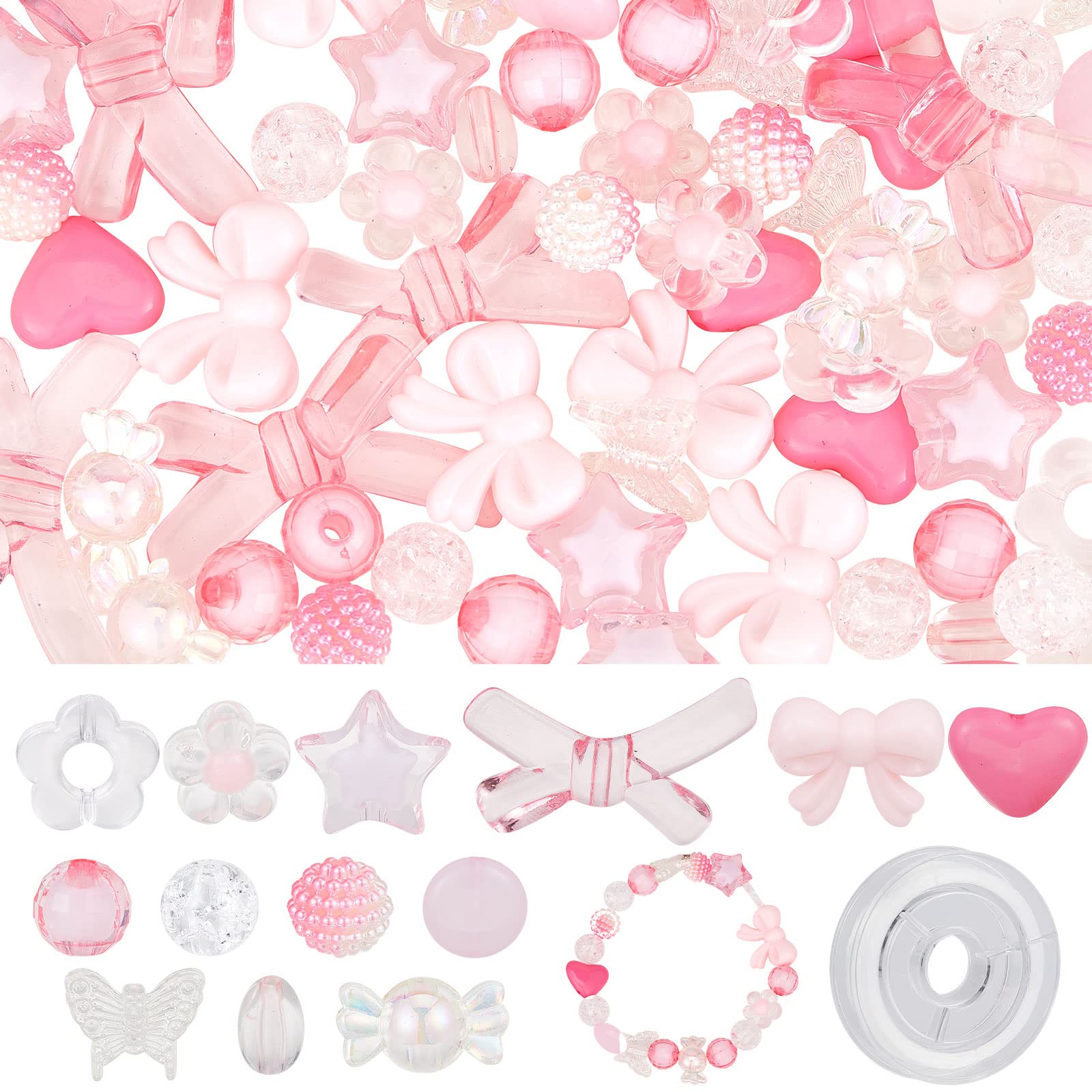 SUNNYCLUE 150Pcs 13 Style Acrylic Assorted Beads Pastel Beads Transparent Flower Bead with String(393in) Candy Faceted Star Heart Butterfly Round Beads for Jewellery Making DIY Bracelet Necklace Craft