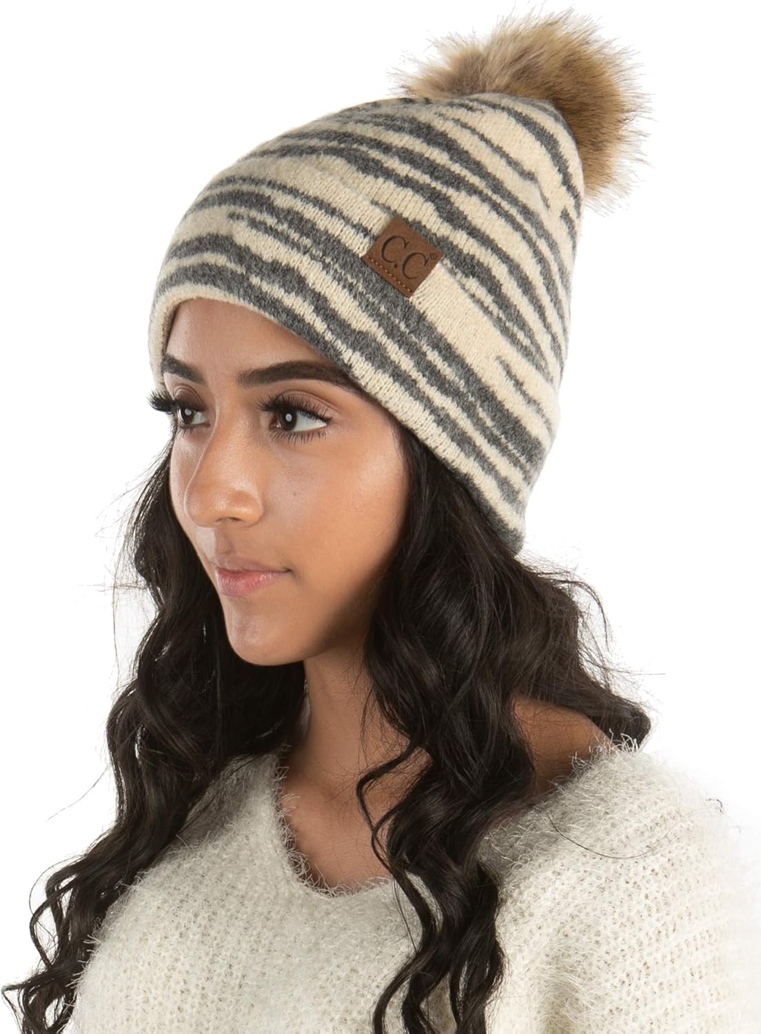 Funky Junque Women’s Pom Pom Beanie – Soft Knit Winter Hat for Women & Teens, Leopard & Zebra Fashion Animal Print Beanies - Image 3