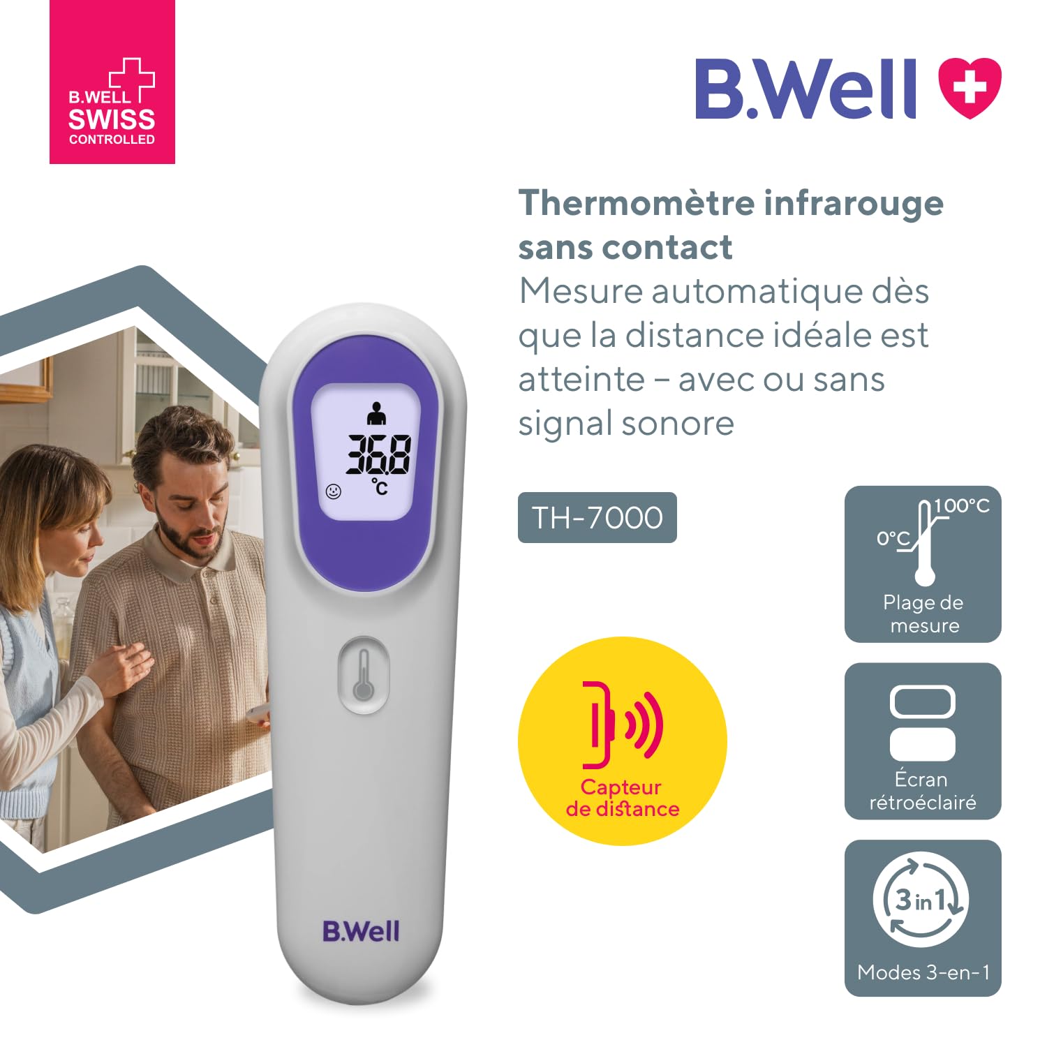 Thermomètre Infrarouge B.Well TH-7000 | Sans Contact 3en1 Médical | Qualité suisse, Capteur de distance intégré pour mesure précise sans contact du corps, objets et température ambiante