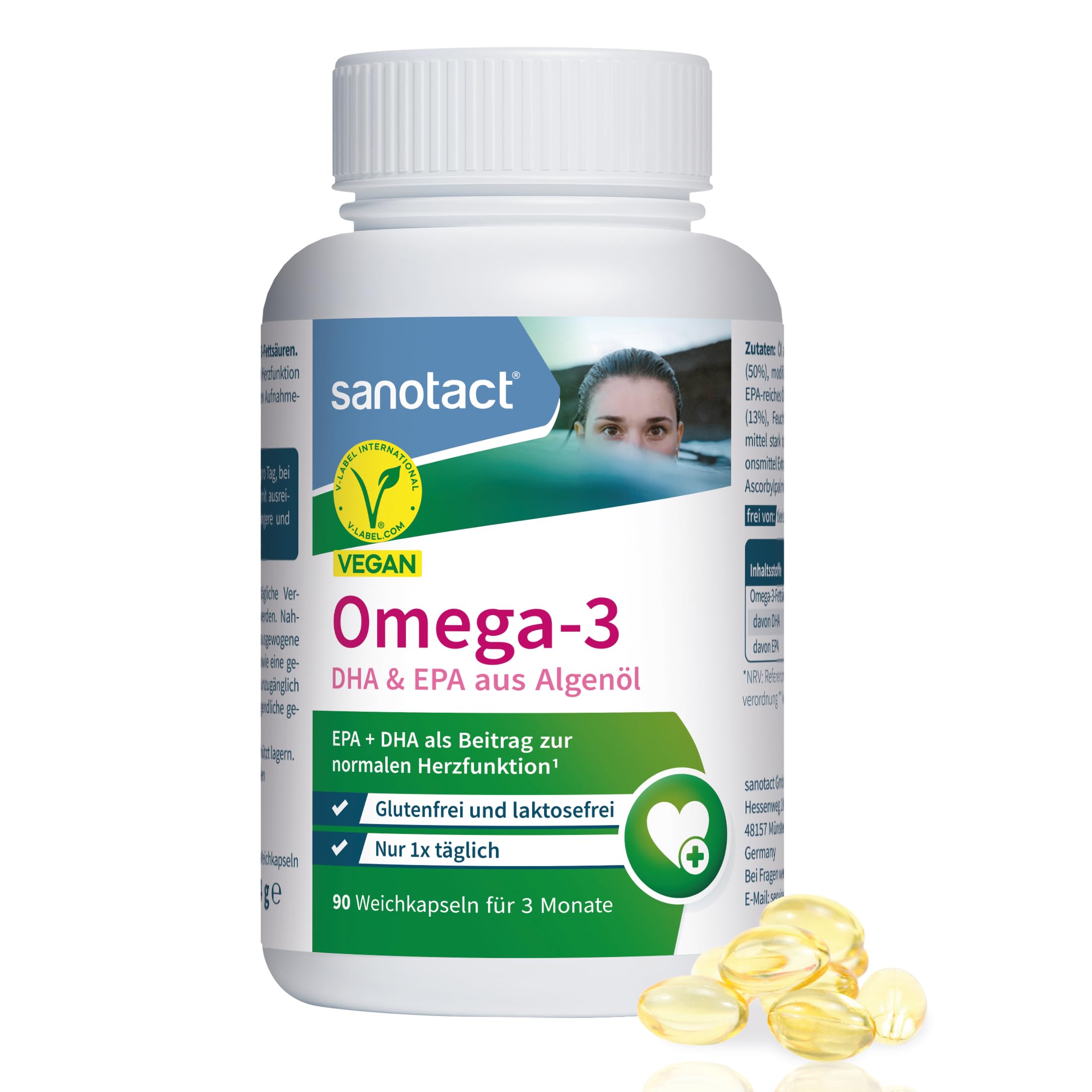 sanotact Omega-3 Vegan – 90 Weichkapseln mit DHA & EPA aus Algenöl – Glutenfrei & laktosefrei – Für Herzfunktion¹ – Nur 1x täglich – 3-Monatsvorrat