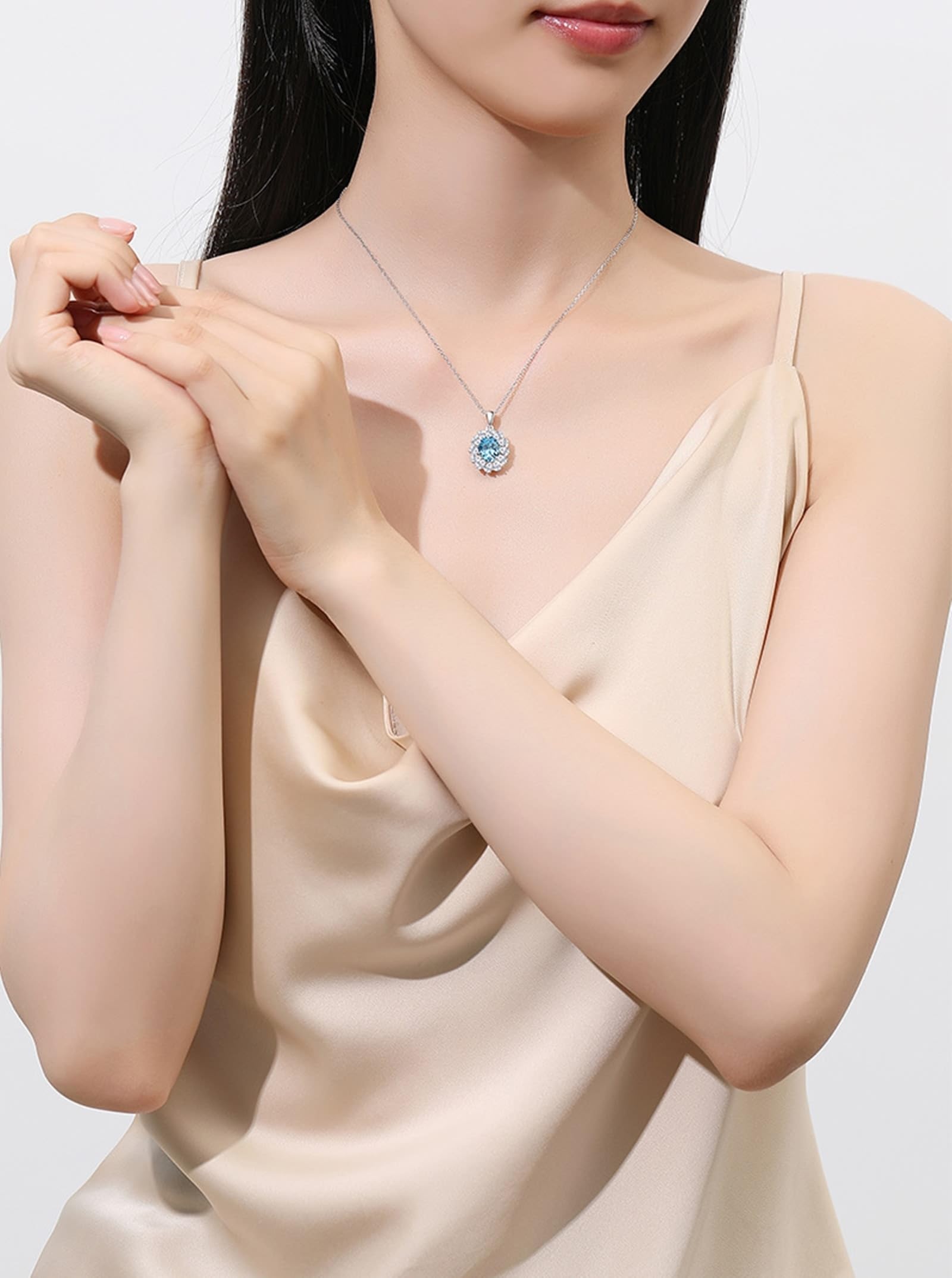 KnSam Collana in vero oro bianco 18 carati, ciondolo ovale, lussuoso ciondolo da donna, in platino 950, 45 cm