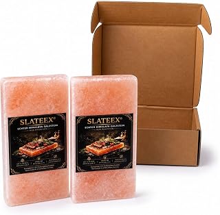 Slateex Juego de 2 piedras de sal del Himalaya 20 × 10 × 2,5 cm – Platos de sal pura para asar y cocinar – Producto natural sin aditivos – Para carne, pescado, verduras y postres
