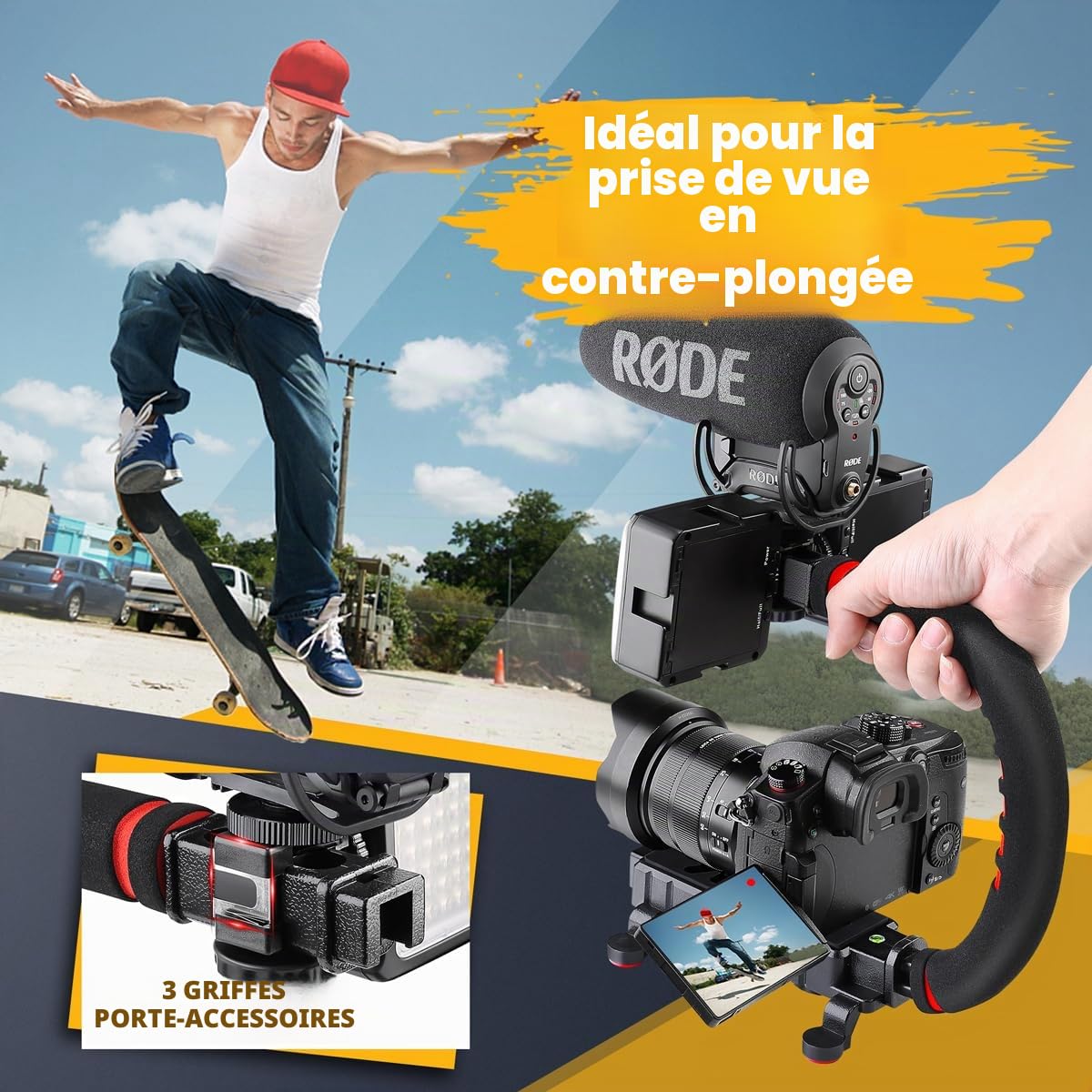 Zeadio Stabilisateur de caméra pour Smartphone, poignée Pliable à poignée avec rig vidéo portatif et étui de Transport, Convient à Toutes Les caméras, caméscopes, Les Smartphones iPhone et Android