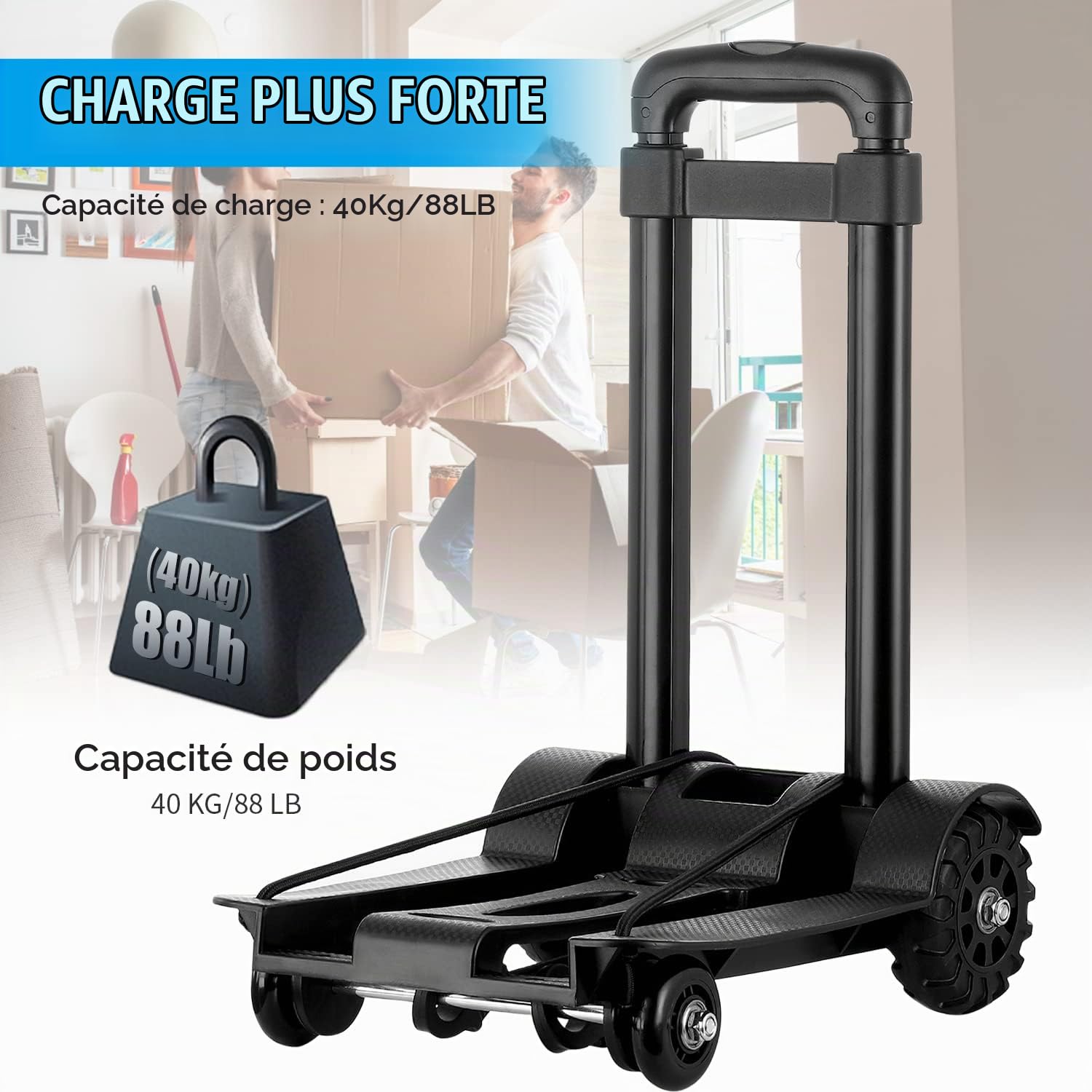 Mini diable pliable - Capacité de charge de 40 kg - Chariot de transport léger et pliable pour bagages, shopping, jardin, maison, bureau