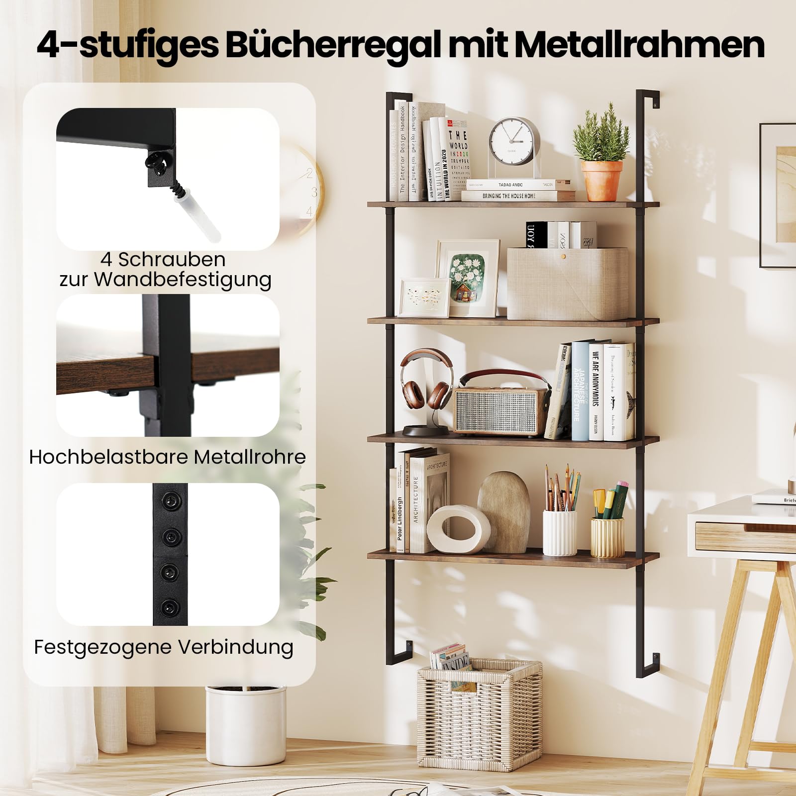 COSTWAY 4-stöckiges Wandregal, schwebendes Leiterregal Wandmotage, Wandmontiertes Leiter-Bücherregal aus Holz für Wohnzimmer, Küche, Bar, Büro, 76 x 30 x 163 cm