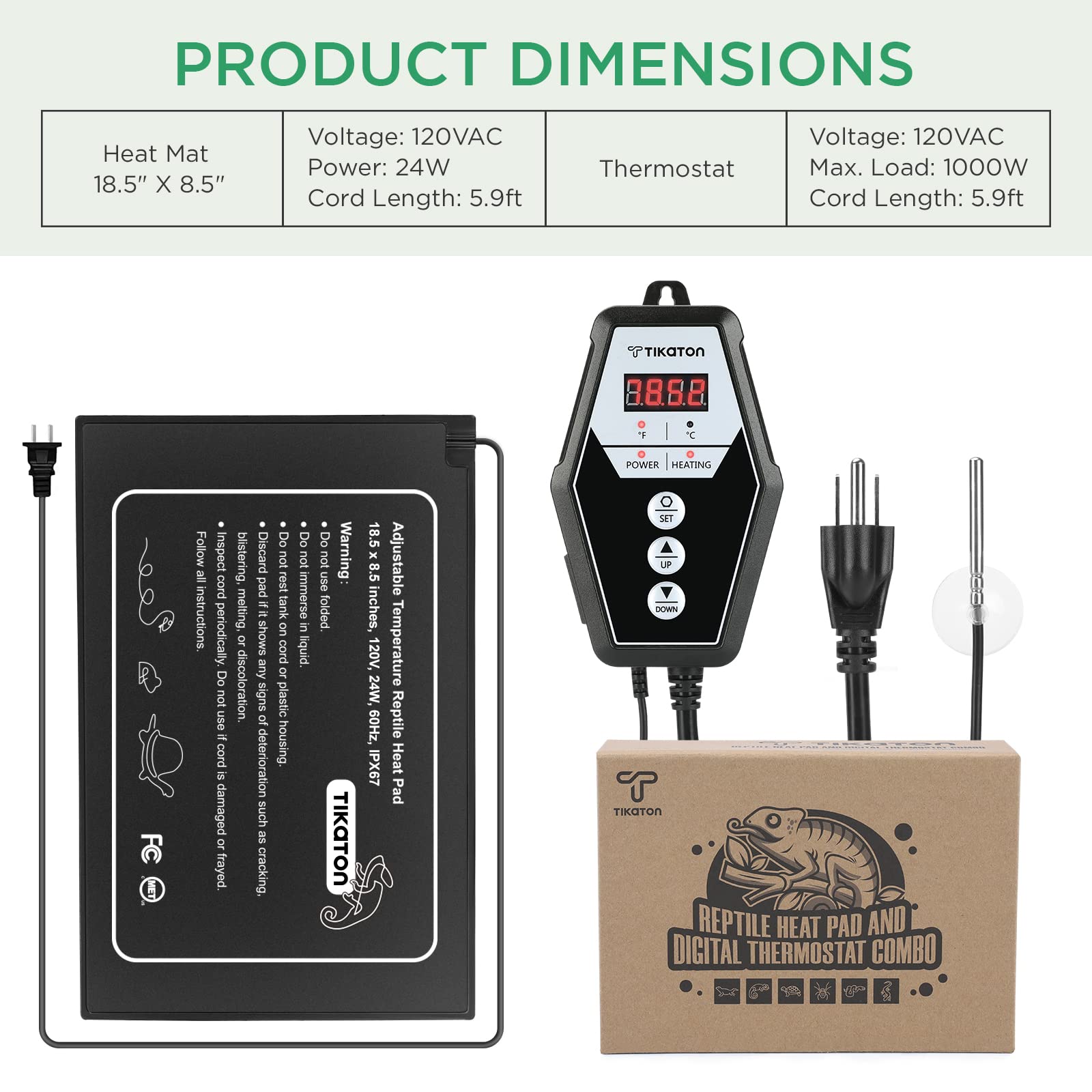 Tikaton Reptilien Heizkissen Kombi Set mit Digitalthermostat Tank Heizung für Tank 10-20 gal/30-40 gal Heizmatte Terrarium Schildkröte