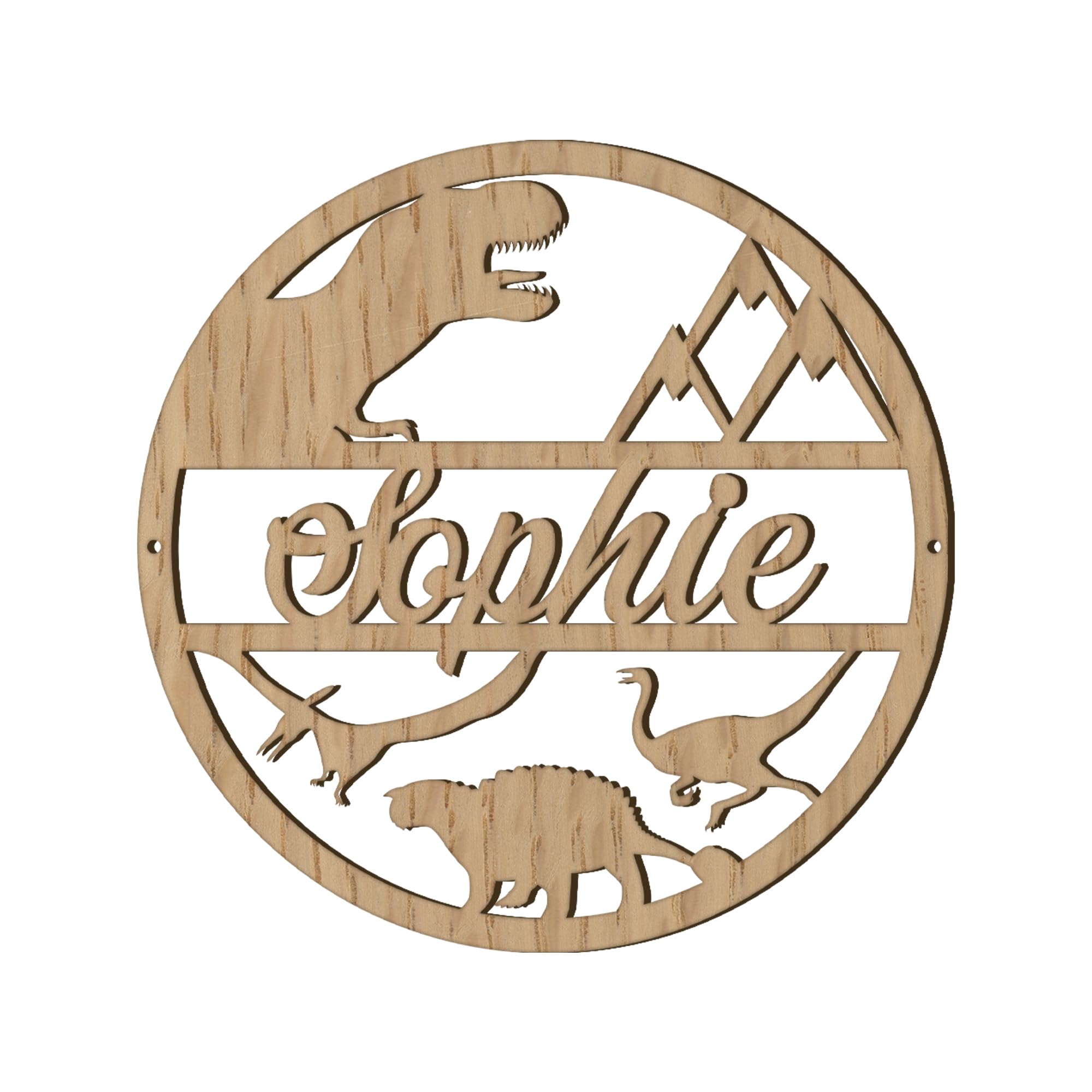Print Maniacs Personalised Any name Hoop Dinosaur Custom Wood Colour Acrylic Wreath Circle Loop Baby Room Nursery Birthday Christmas Wedding Party Wall Decor Plaque (30cm, Oak Veneer)