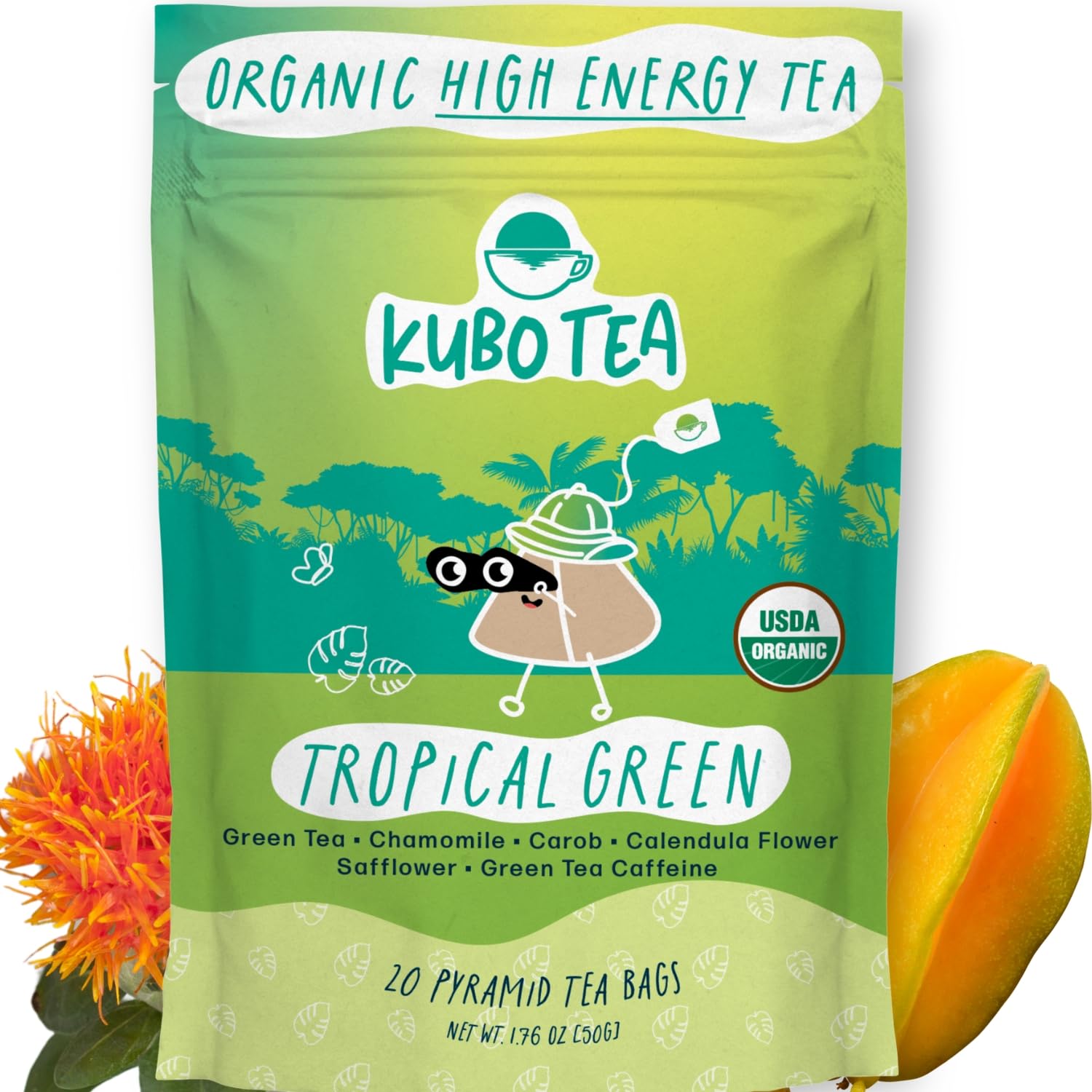 High Caffeine Tea (155 mg) - Kubo Tea: Organic Tropical Green Tea Bags for Clean Energy & Focus | Healthy Coffee Substitute | Refreshing Caffeine