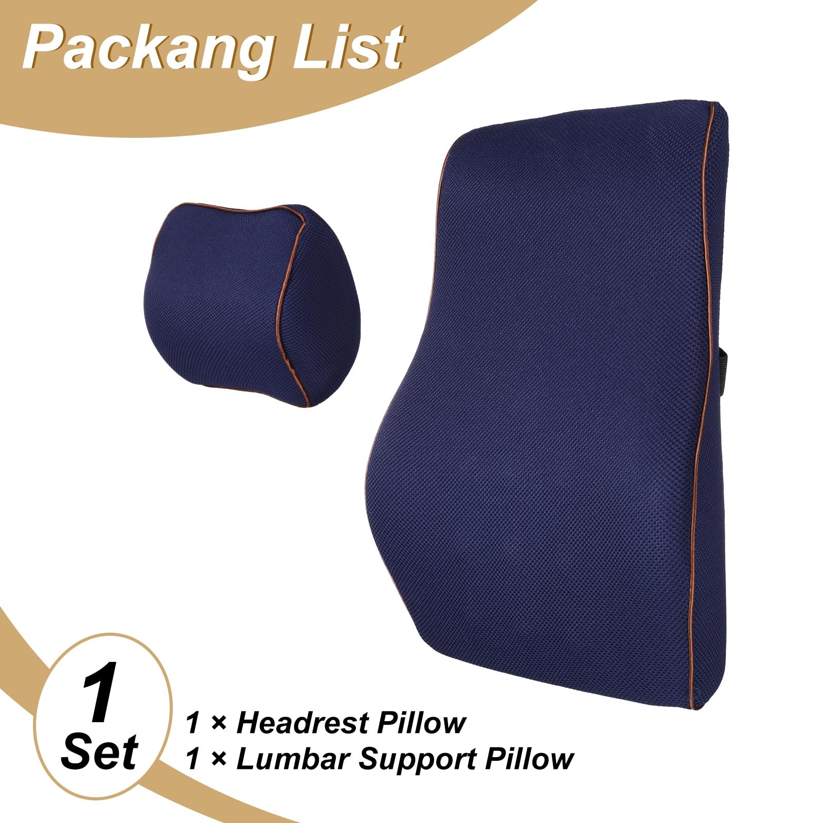 QUARKZMAN Juego De Almohada para Cabezal Y Soporte Lumbar De Coche Memory Foam Ergonomico para Asiento De Auto Y Oficina Color Azul Marino