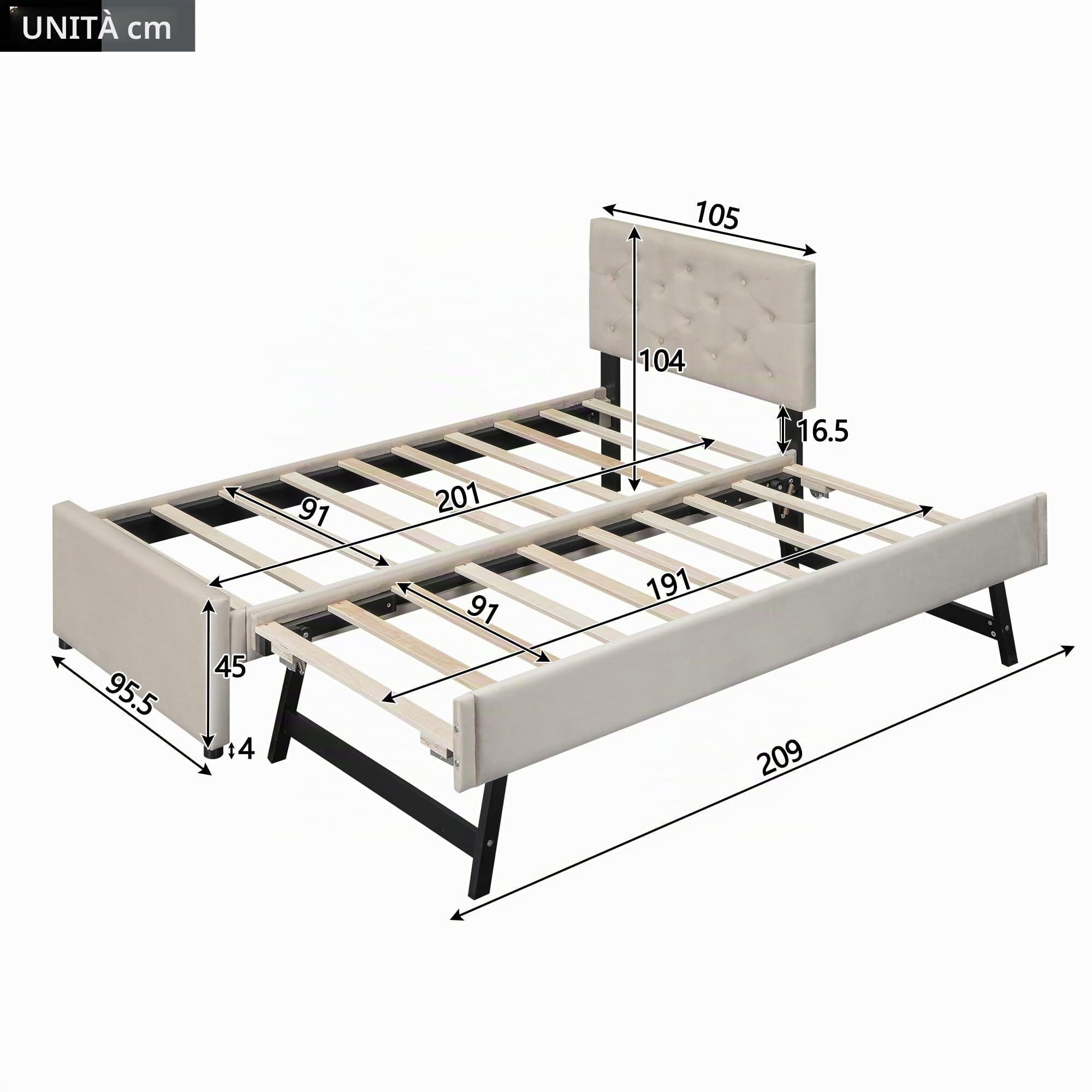 Letto imbottito 90 x 200 cm, con letto estraibile a doghe (senza materasso), letto con contenitore arrotolabile, velluto, minimalista (beige)