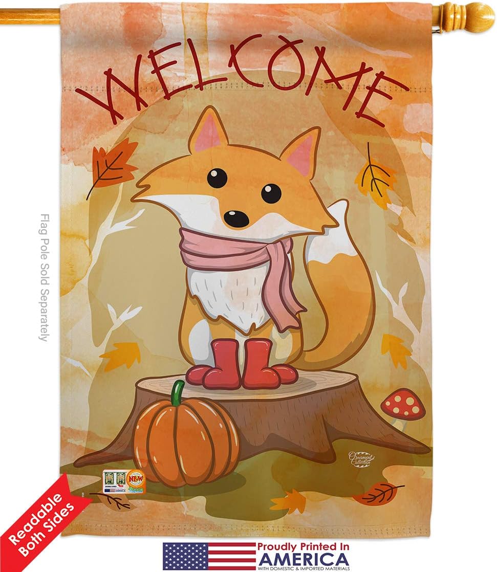 Welcome Fall Foxy House Flag Falltime Harvest Autumn Scarecrow Pumkins Sunflower Leaves Season Autumntime Gathering Small Decorative Gift Yard Banner Double-Sided Made In USA 28 X 40