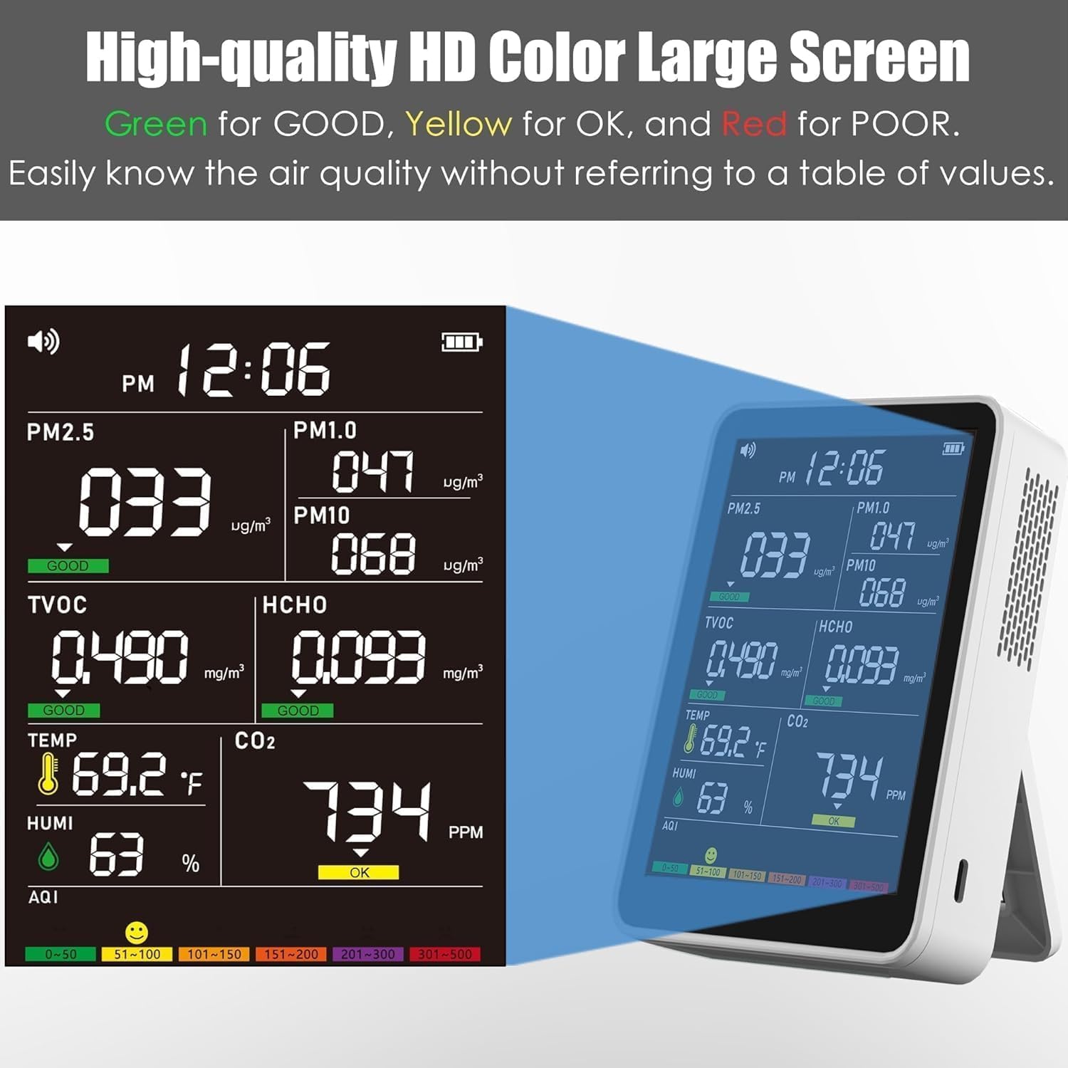 16-in-1 Indoor Air Quality Monitor, High-Precision Multi-Parameter Smart Air Quality Tester with HD Real-Time Color Screen, Portable Air Quality Monitor for Home, Office, Cars, School, Bedroom — Amazon image 3