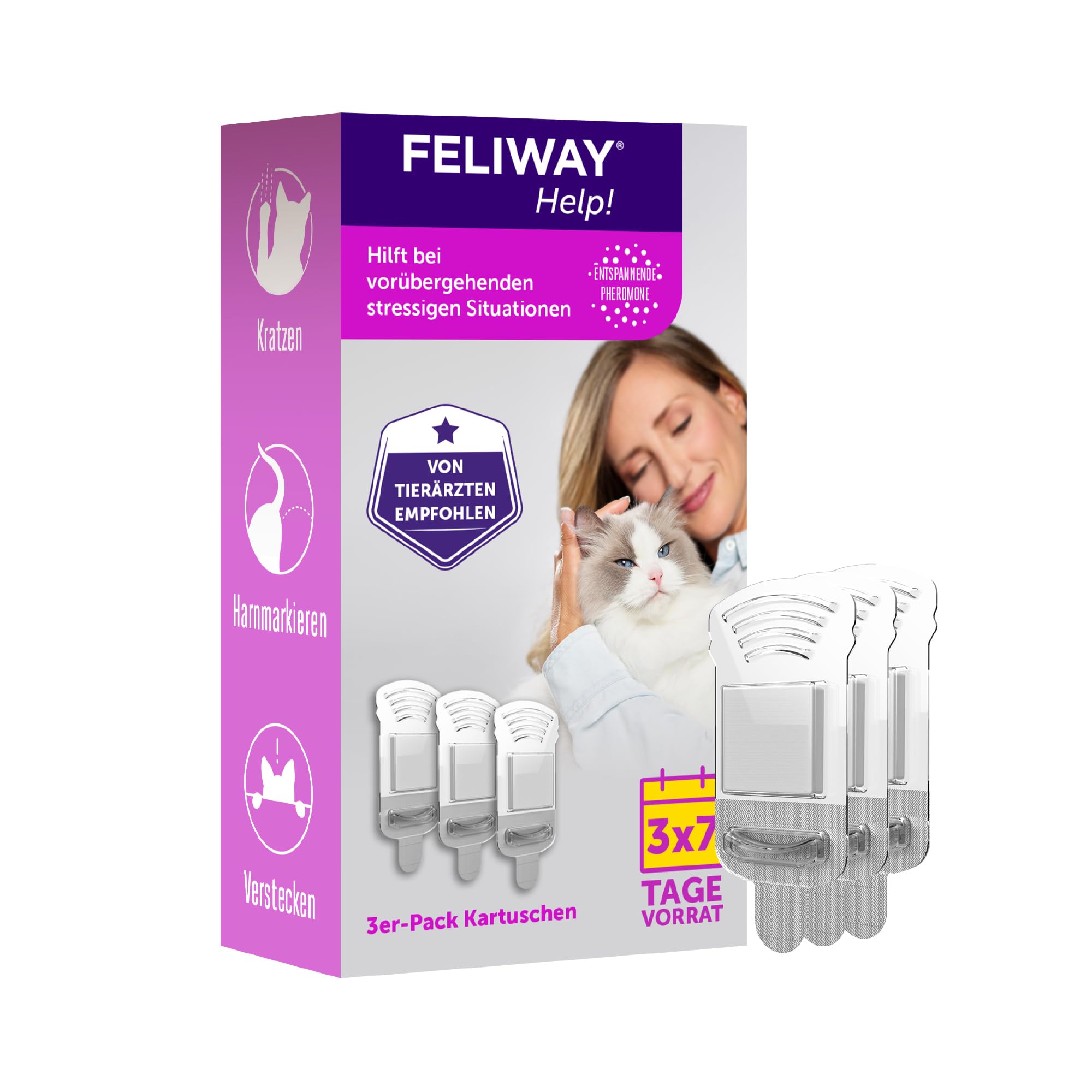FELIWAY Help! 3x7 Tage Nachfüllset für Pheromon Verdampfer, 3 Kartuschen - Unterstützt in kurzzeitigen Stresssituationen für mehr Ausgeglichenheit, von Tierärzten empfohlen, klinisch getestet