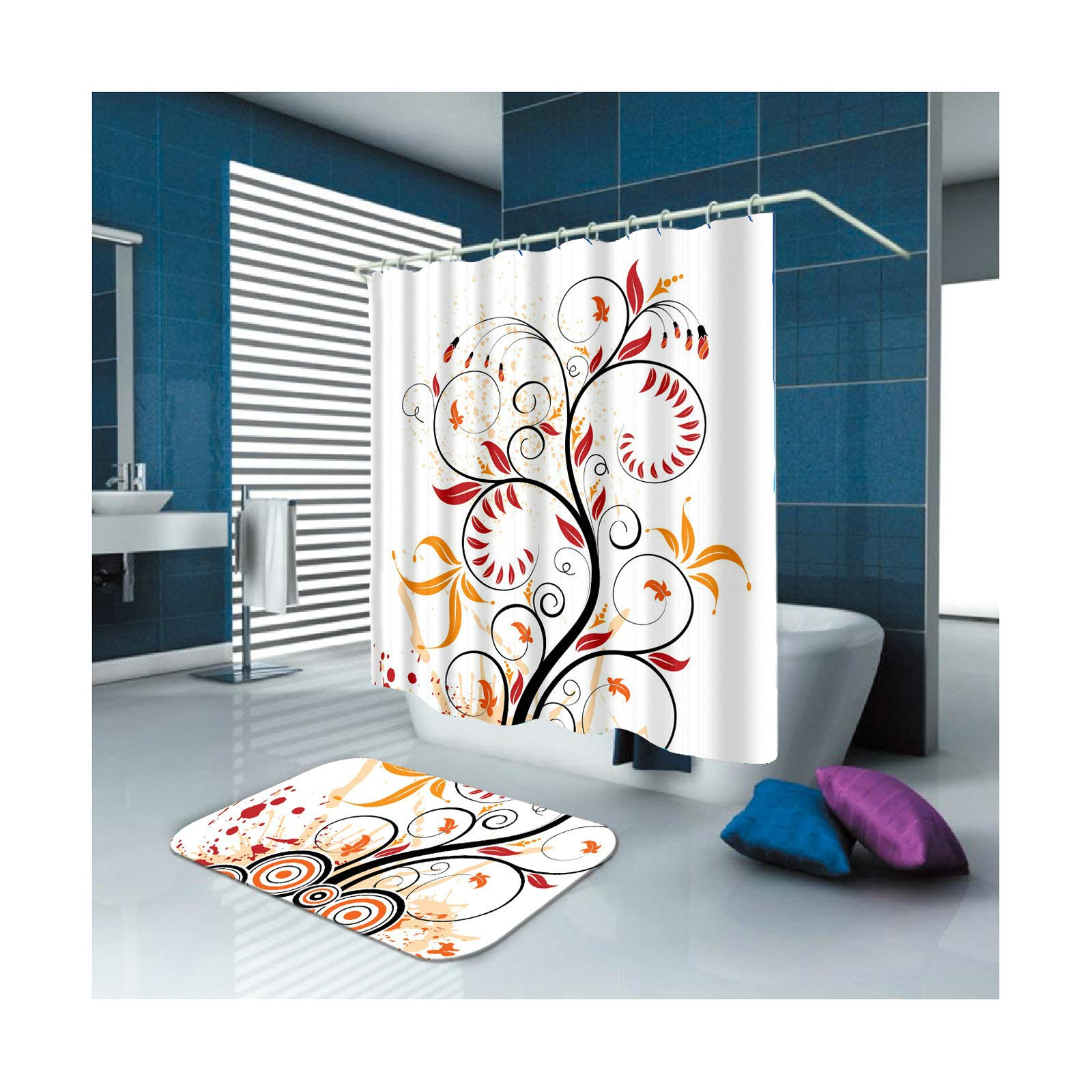 Daesar Dywaniki łazienkowe prysznic 40 x 60 kwiaty 150 x 200 cm zasłona łazienkowa do łazienki, zestaw 2-częściowy