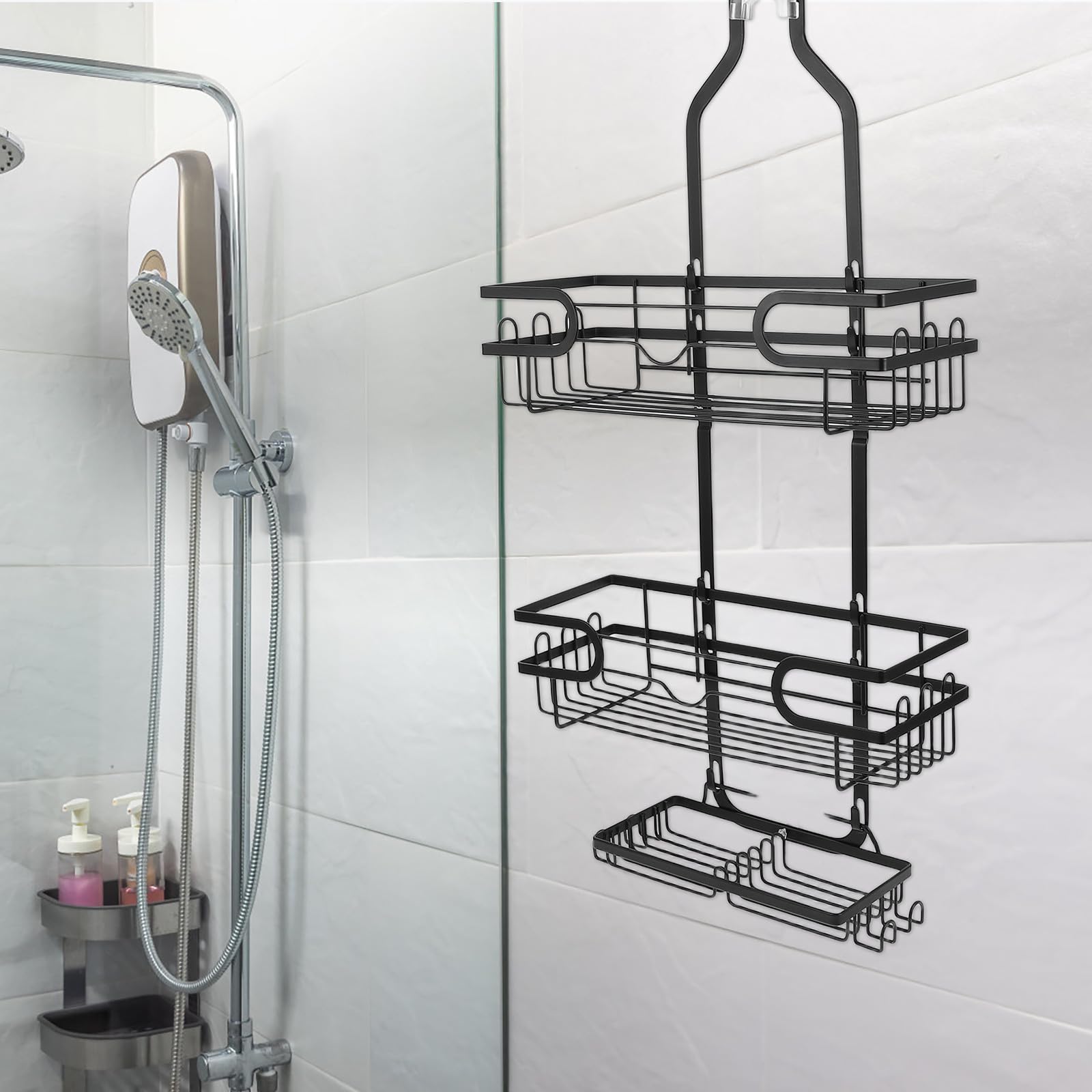 Cabilock Estante de Ducha Colgante 3 Niveles con Ganchos para Baño Organizador de Champú y Jabón con Drenaje para Secado Rápido