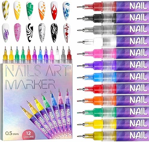 12 Colors Nail Art Pens Set, Fine Tip 0.5mm Nail Design Marker Pens for DIY Nail