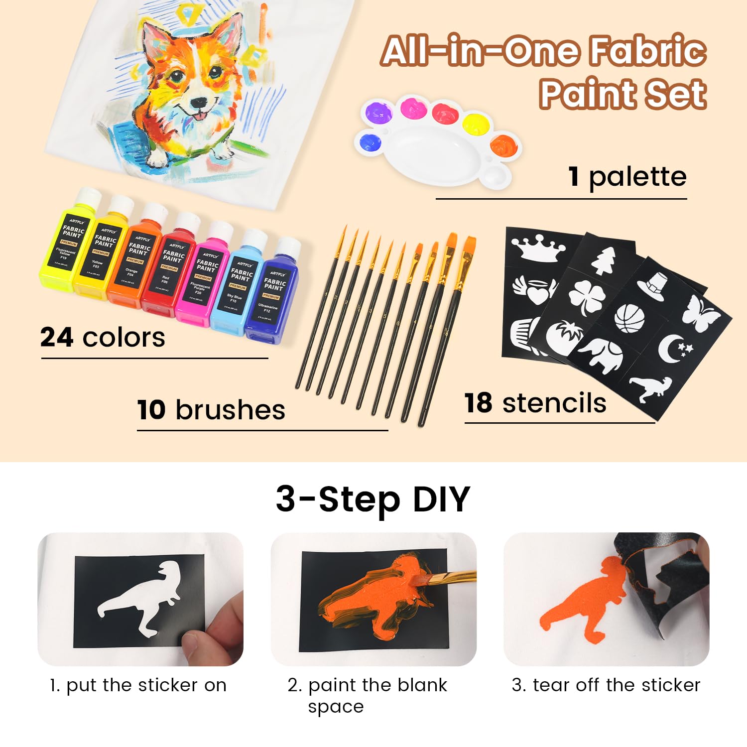 ARTFLY Pintura Textil Permanente, 24 Colores x 60 ml, Suave, para ropa, No Tóxica, Resistente al agua, Ideal para Camisetas, Zapatos, Vaqueros, Bolsos y Manualidades