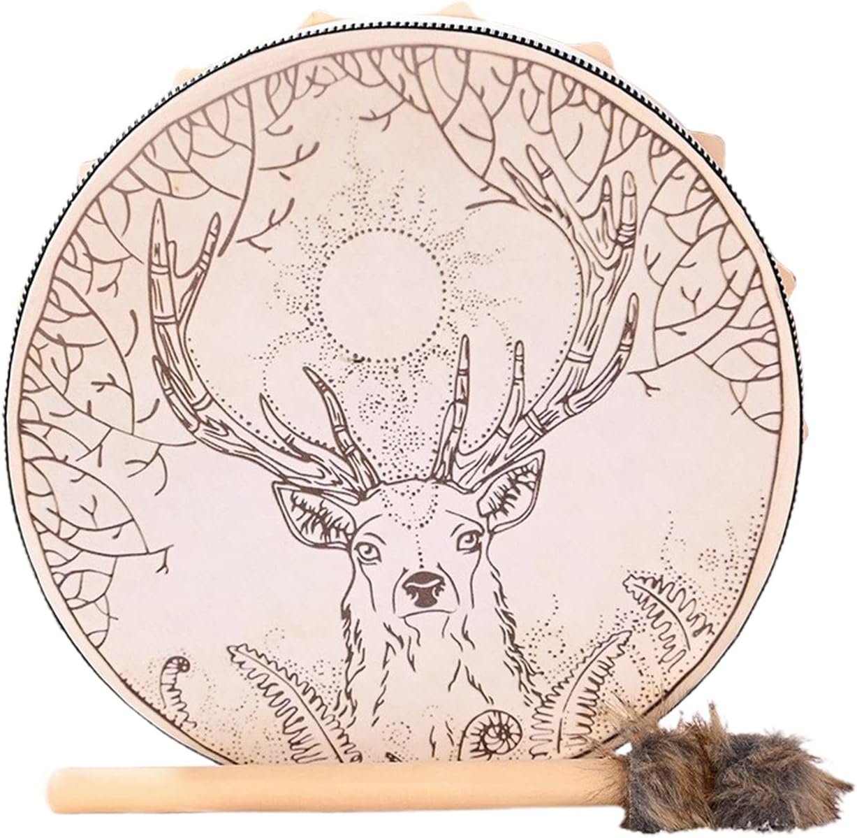 Handmade Shaman Alchemy Moon Drum, Siberian Symbol Drum Spirit Music, Elk Skin, 9.8 in with Drum Stick