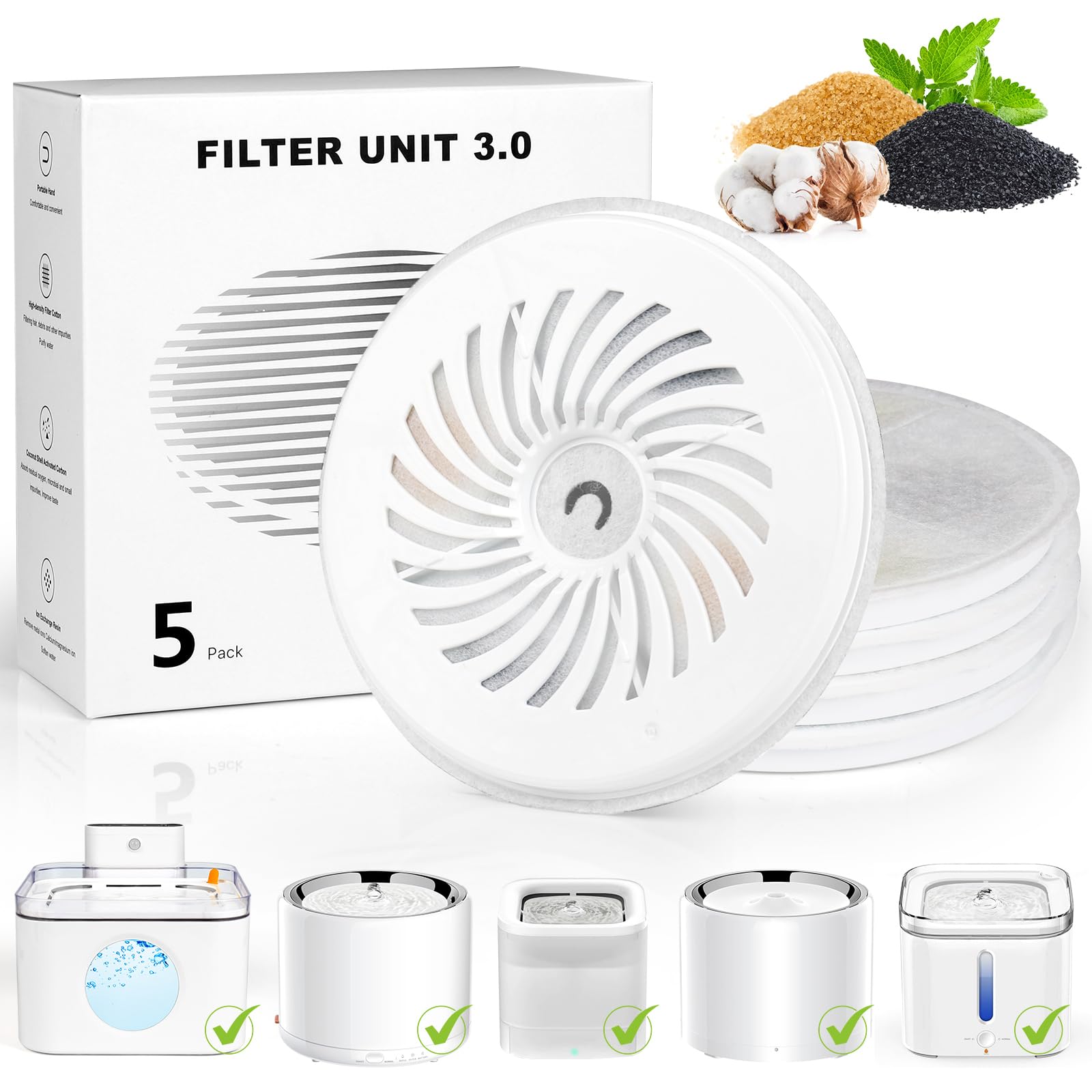 Filtro Fuente para Gatos, Diealles Shine 5 Piezas Filtro Bebedero Gatos Fuente, Triple Filtración con Resina y Carbón Activado, Filtros para Fuente de Agua Gatos y Cani