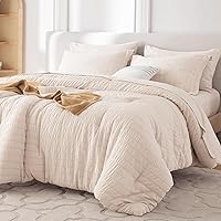 MUXHOMO Seersucker Queen Comforter Set 7-Piece Bed in a Bag - All Season Soft Beige Bedding with Sheets, Shams & Pillowcases