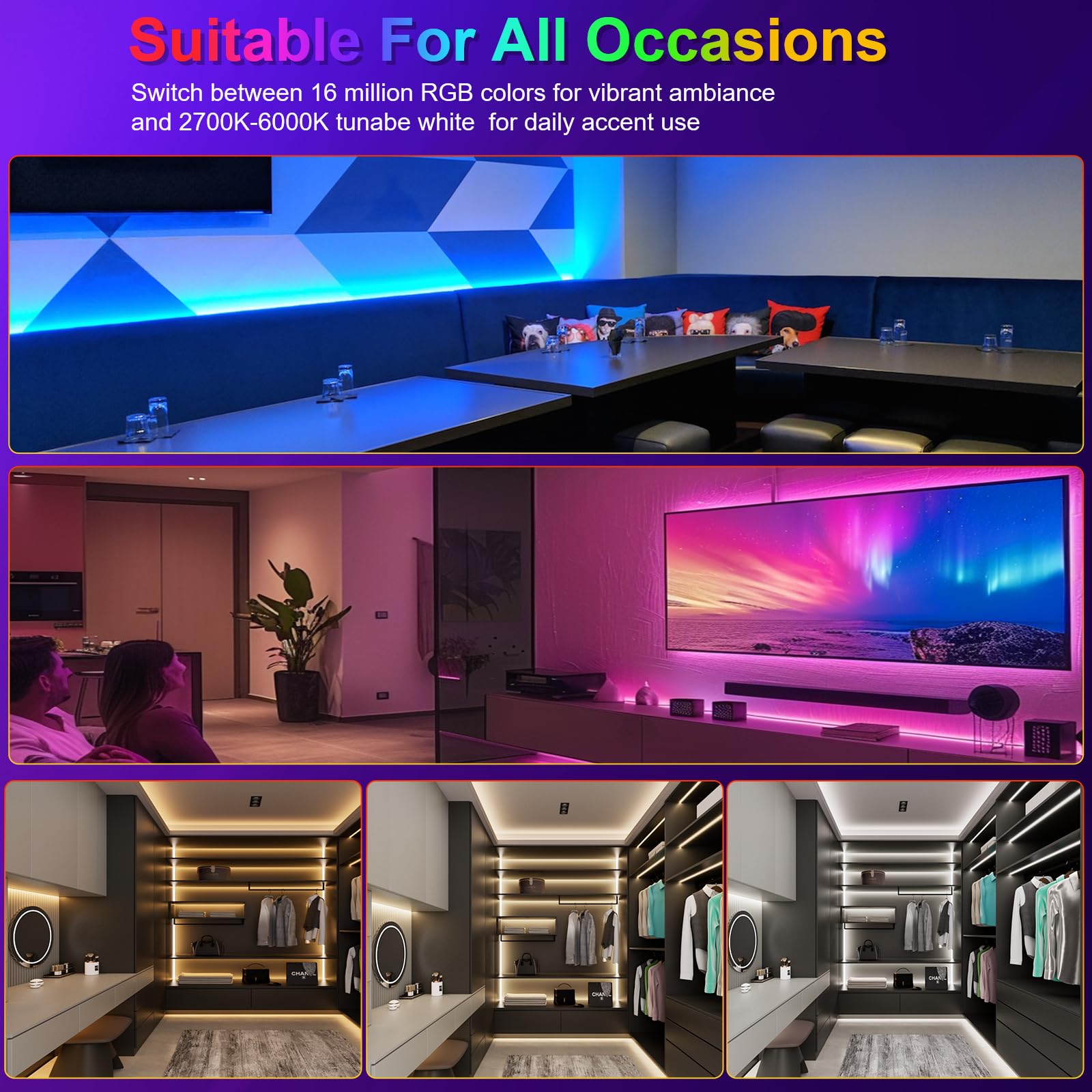 JOYLIT RGB CCT COB LED Taśma świetlna 10M 24V do wnętrz, RGB 2700-6500K CCT Regulowana biel 5 w 1 zmieniająca kolor taśma LED bez kropek 840LED/M, 19W/M wielokolorowa taśma świetlna do sypialni, na