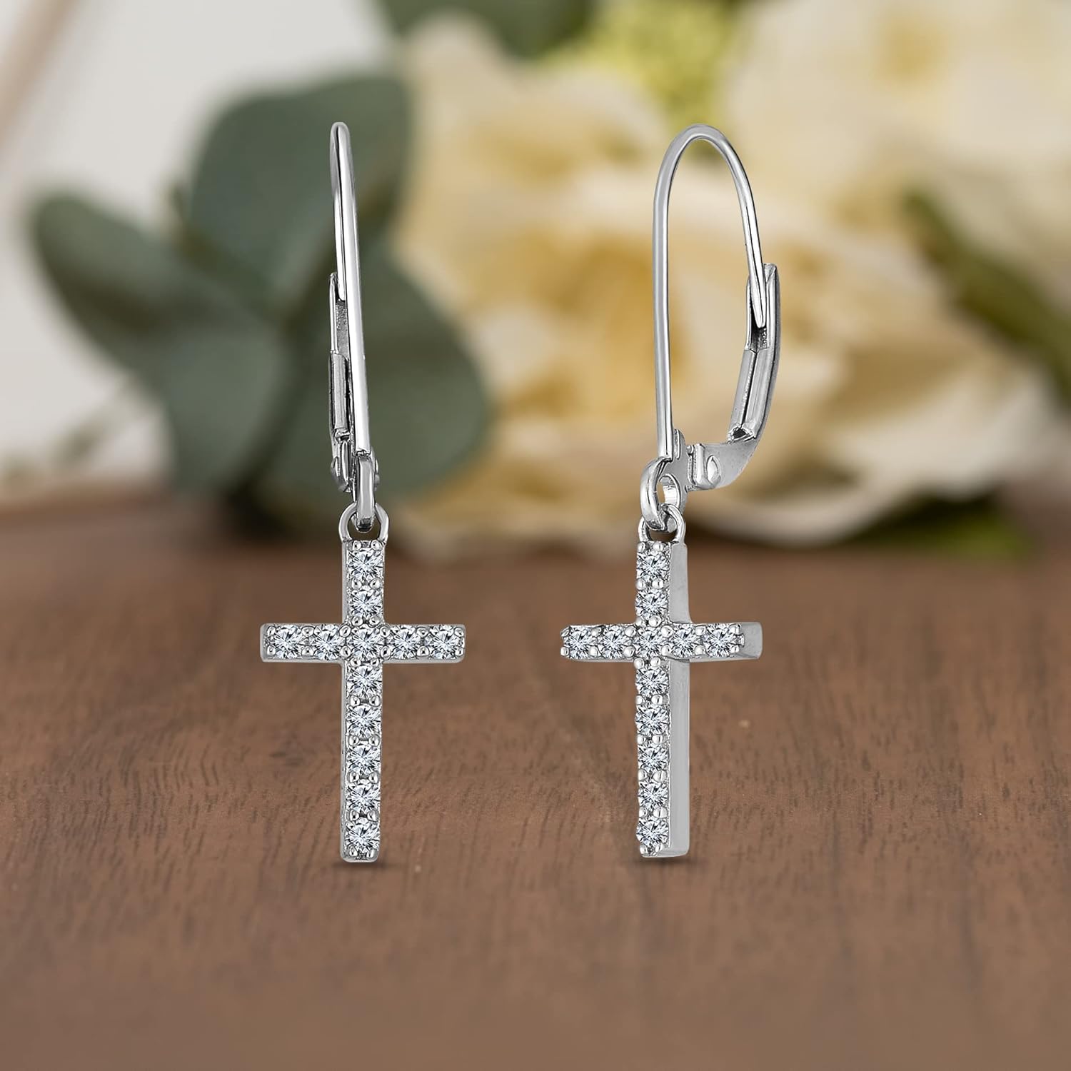 NATALIA DRAKE Small Cross Drop Dangle Leverback 1/4 Cttw Diamond Earrings for Women in Rhodium Plated 925 Sterling Silver