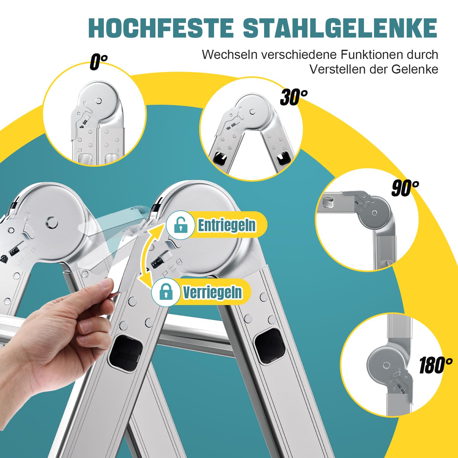 3.6M Aluminium Mehrzweckleiter 4x3 Stufen,Multifunktionsleiter mit plattform, Alu Leiter mit 2 Gerüstplatten, Klappleiter 16 Stufen, Trittleiter bis 150 kg, Haushaltsleiter Silber