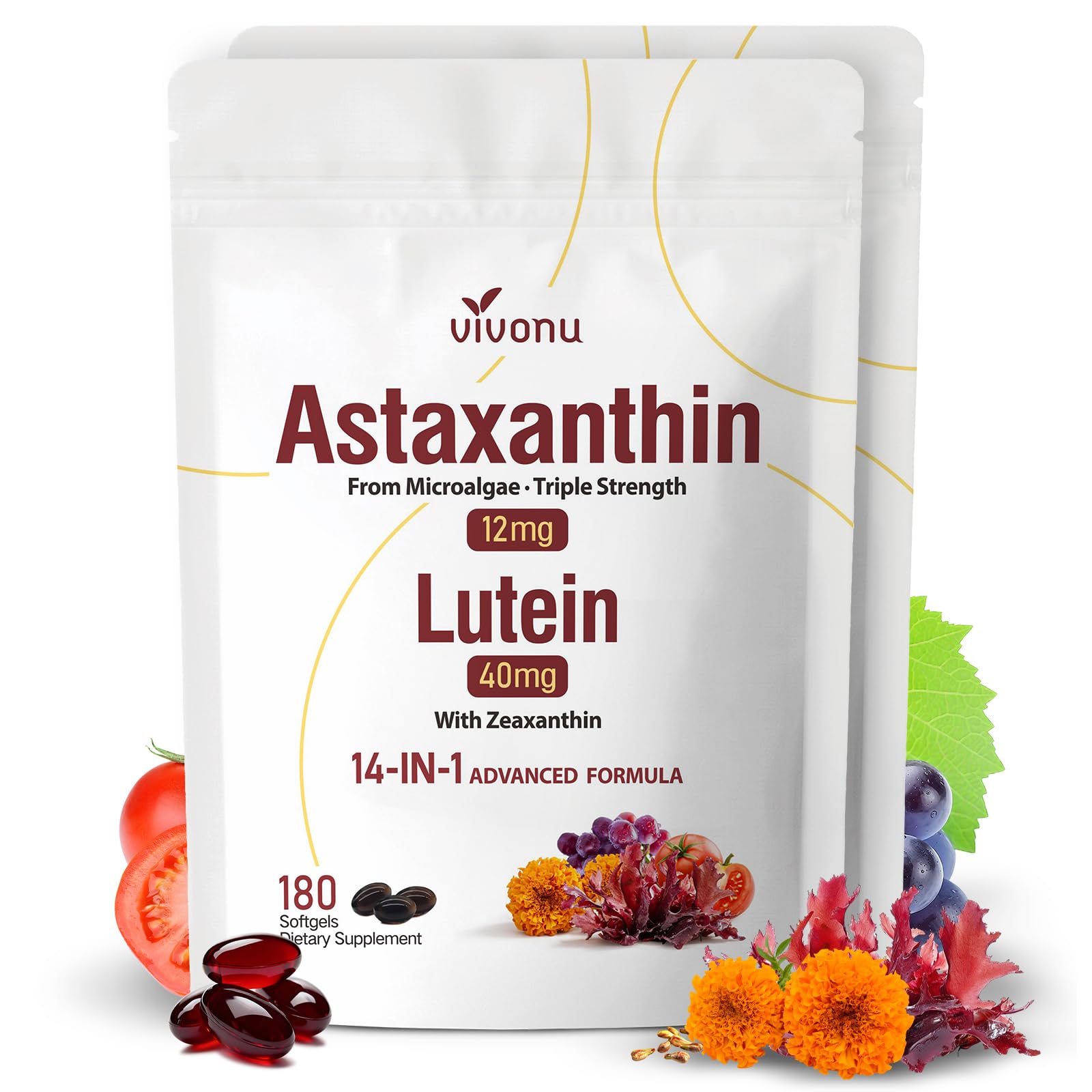 Amazon.com: 14-in-1 Astaxanthin 12mg & Lutein 40mg with Zeaxanthin  Supplements, 12 Month Supply, Fresh Microalgae Source, Supports Eye, Skin,  Antioxidant, Joint, Circulatory Health, Non-GMO, Gluten Free, 2 Bag :  Health & Household