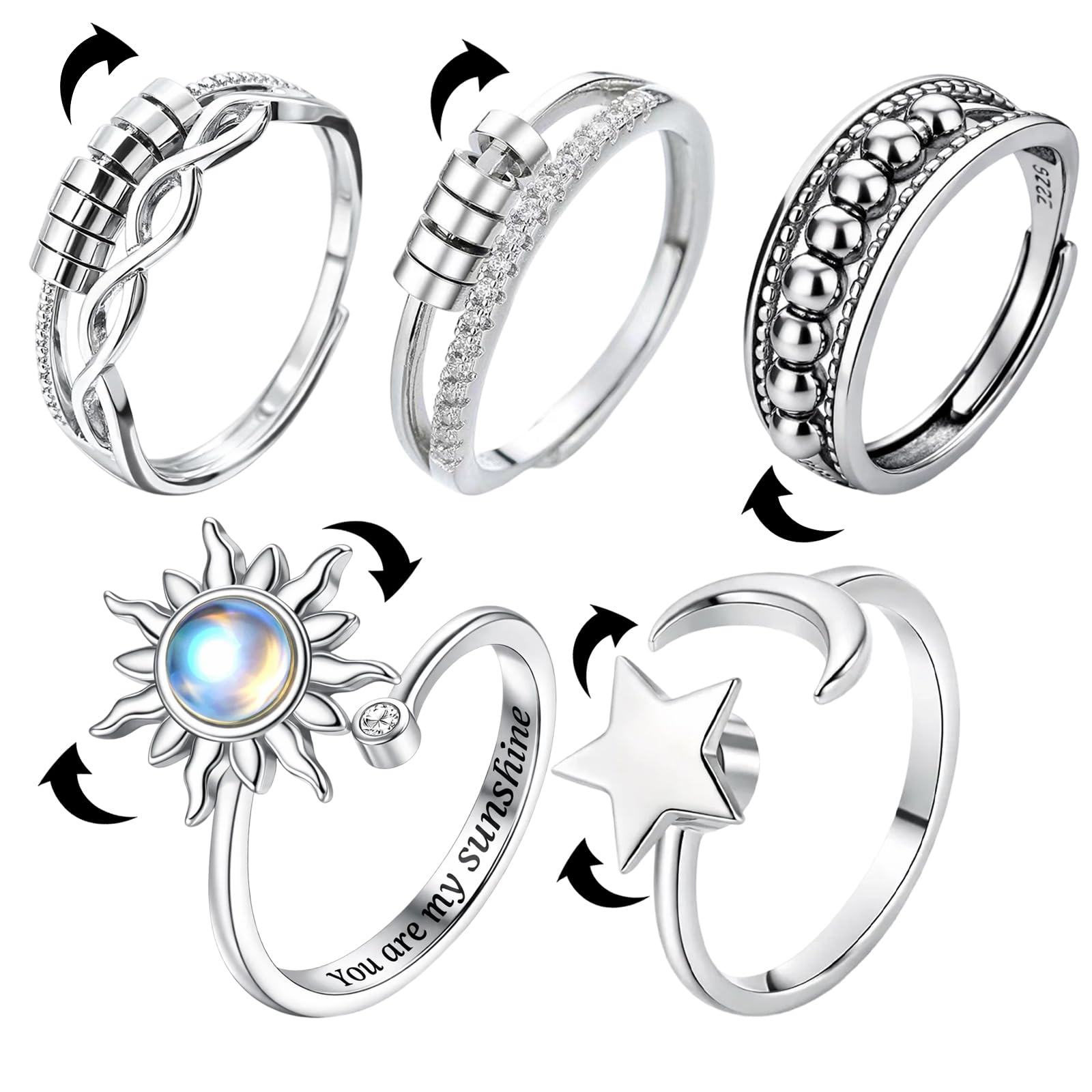 5PCS Anxiety Ring for Women, Fidget Rings for Anxiety Women, Adjustable Open Spinner Fidget Ring, Fits Almost Any Size Anxietys Rings Fingers Suitable for All Ages