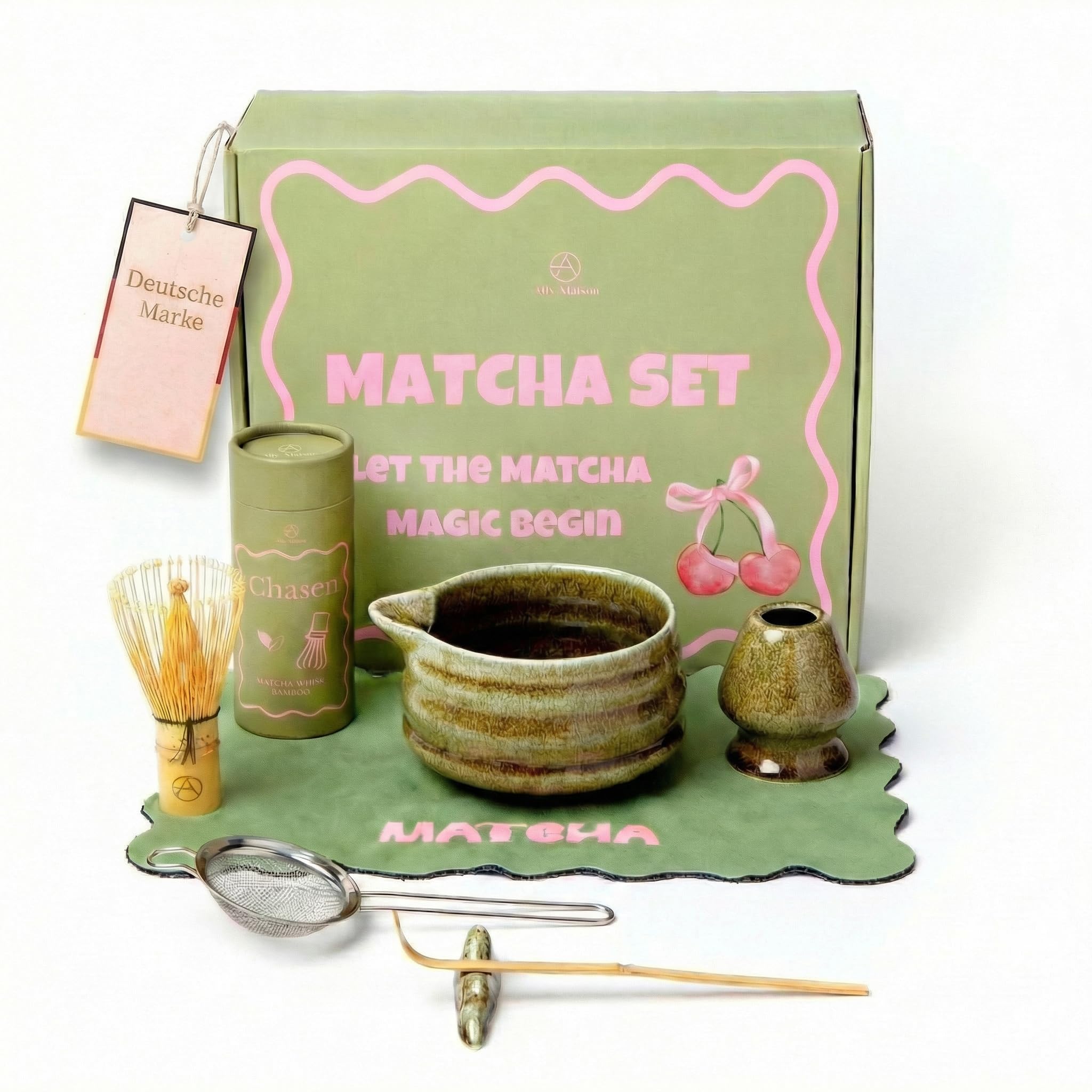 Premium Matcha Set 7-teilig – Design Keramik Schale mit Ausgießer, Bambusbesen & Zubehör – Komplettes Matcha Ritual Set für höchste Ansprüche – Exklusives Geschenkset