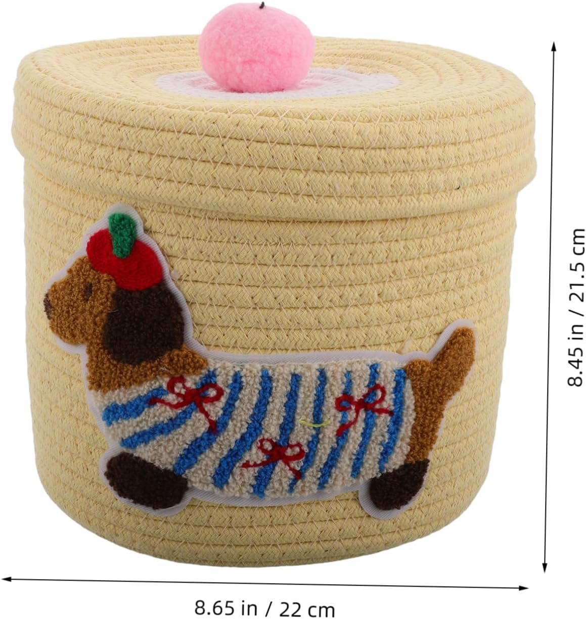 Cute Dog Storage Basket with Lid Woven Cotton Rope Organizer for Car Nursery and Pet Toys Generous Capacity Dust Protection Adorable Design Yellow Dachshund