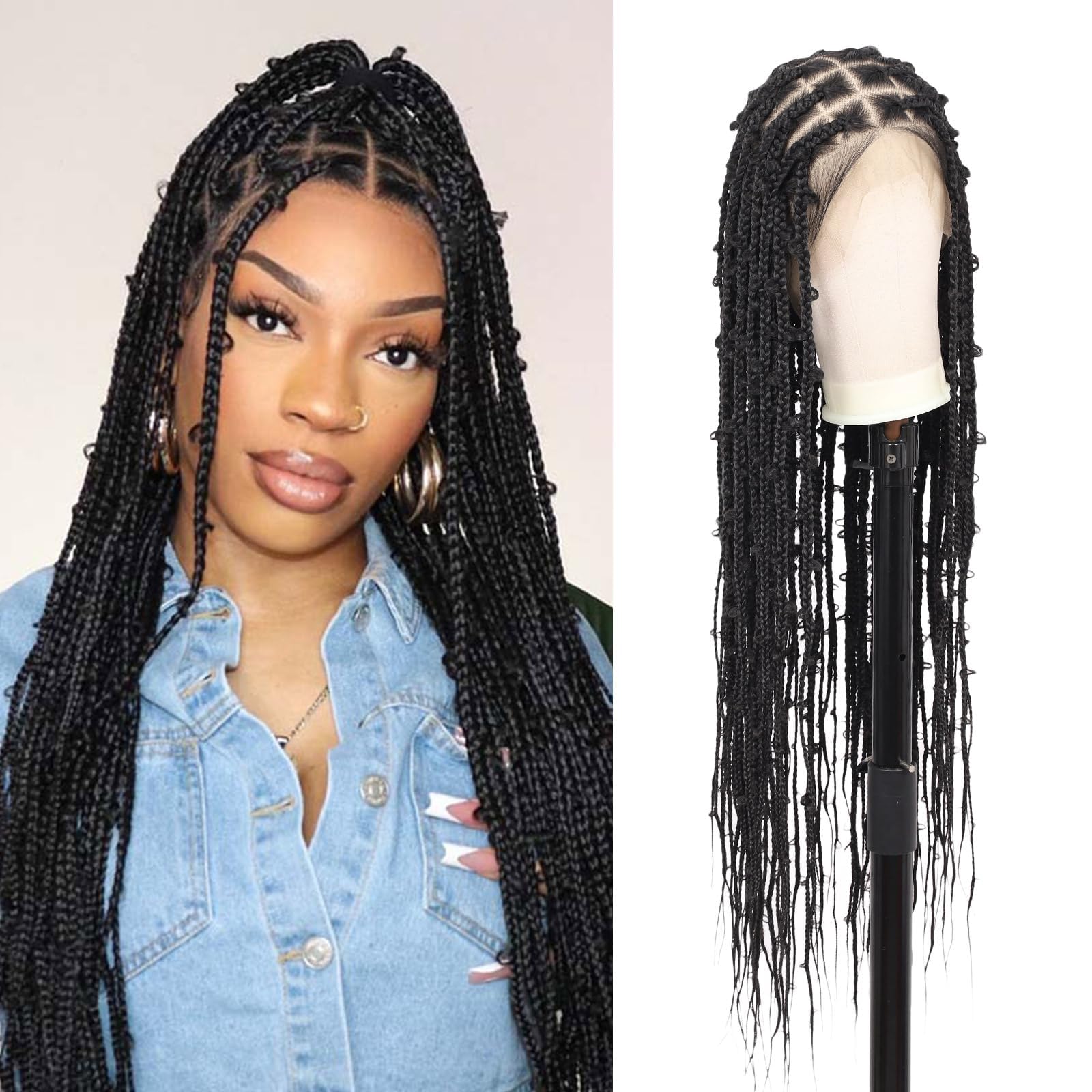 Kalyss 360° HD Full Lace Braided Wigs for Women Butterfly Knotless Braided Wig Lace Front Braid Wig with Baby Hair Long Black Premium Synthetic Box